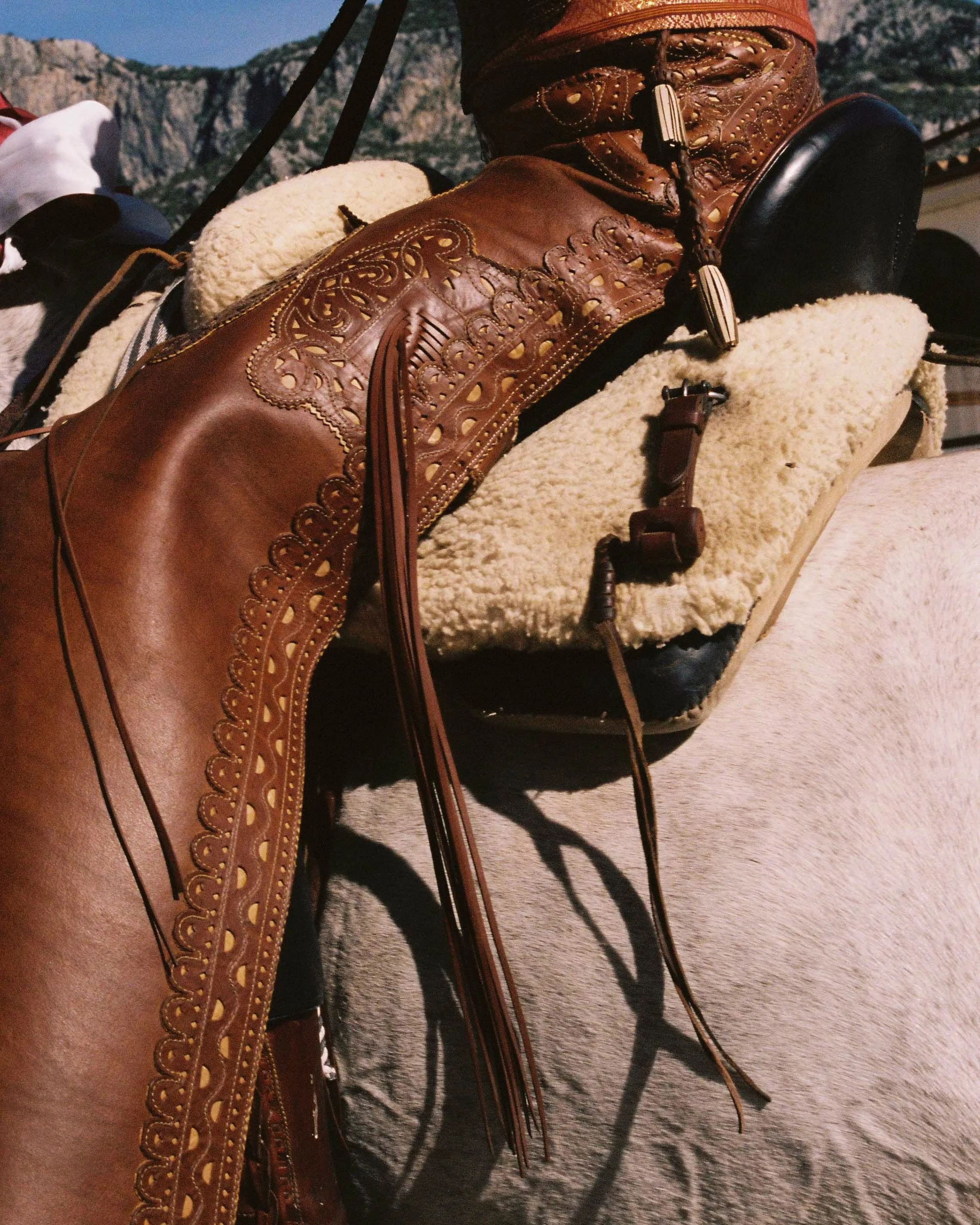 Close-up of a brown leather Western riding saddle with decorative tooling and fringe, mounted on a white horse with a fleece saddle pad, in a mountainous outdoor setting.