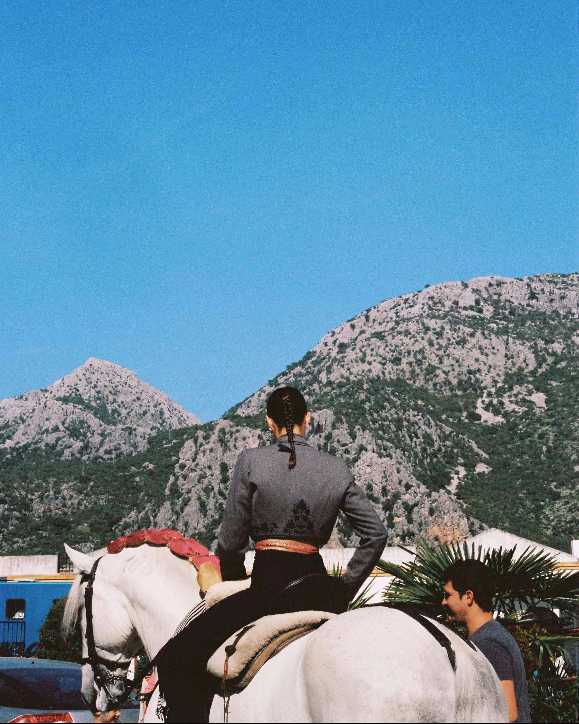 Person in a gray jacket riding a white horse, with mountains and a clear blue sky in the background.