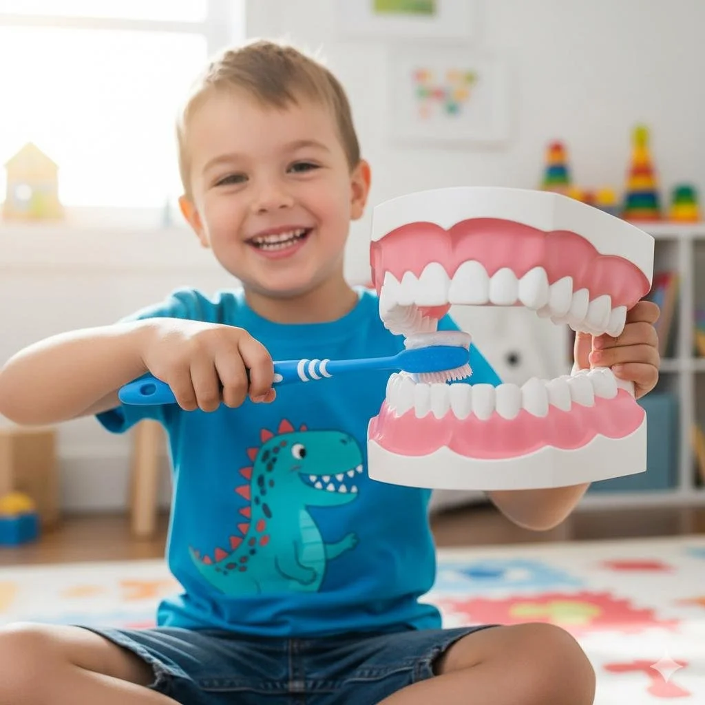 A young boy smiling and sitting on the floor, holding a large model of a mouth with teeth and gums in one hand, and a toothbrush in the other, practicing brushing teeth.
