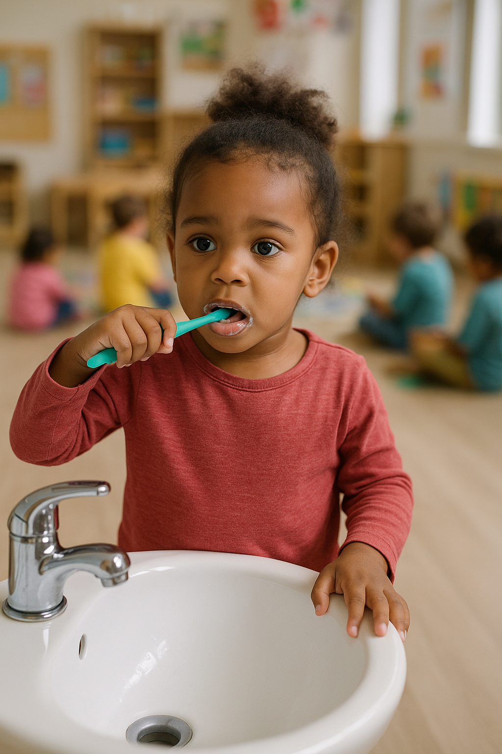 A young girl brushing her teeth at a sink in a classroom setting with other children sitting on the floor in the background.