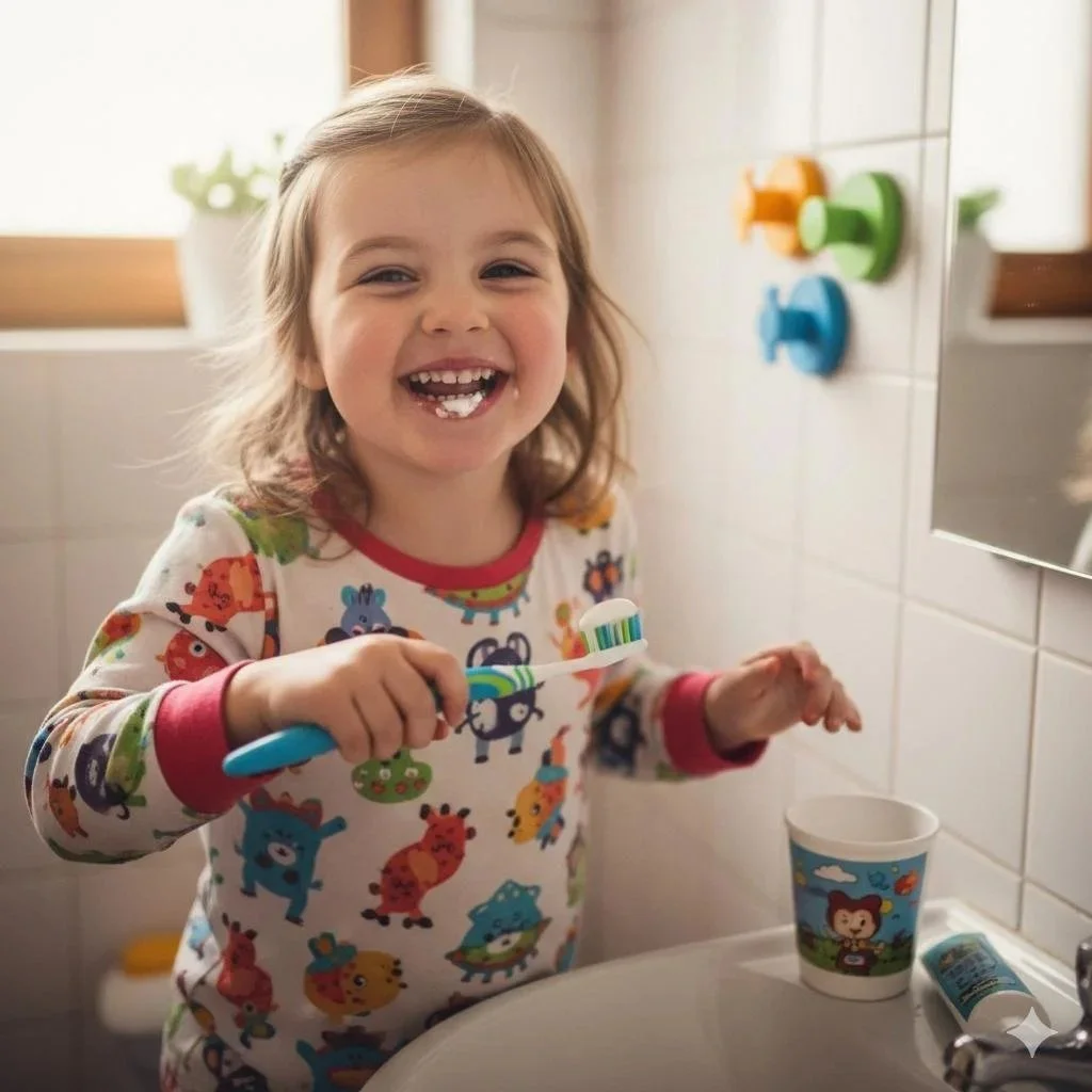 A young girl with a big smile, holding a toothbrush with toothpaste, standing in a bathroom near a mirror. She wears a colorful, animal-patterned pajamas.