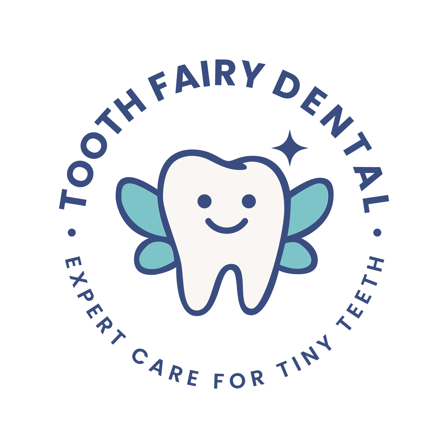 Logo for Tooth Fairy Dental with a smiling tooth character with fairy wings and a sparkle, encircled by the text 'Tooth Fairy Dental' and 'Expert Care for Tiny Teeth'.