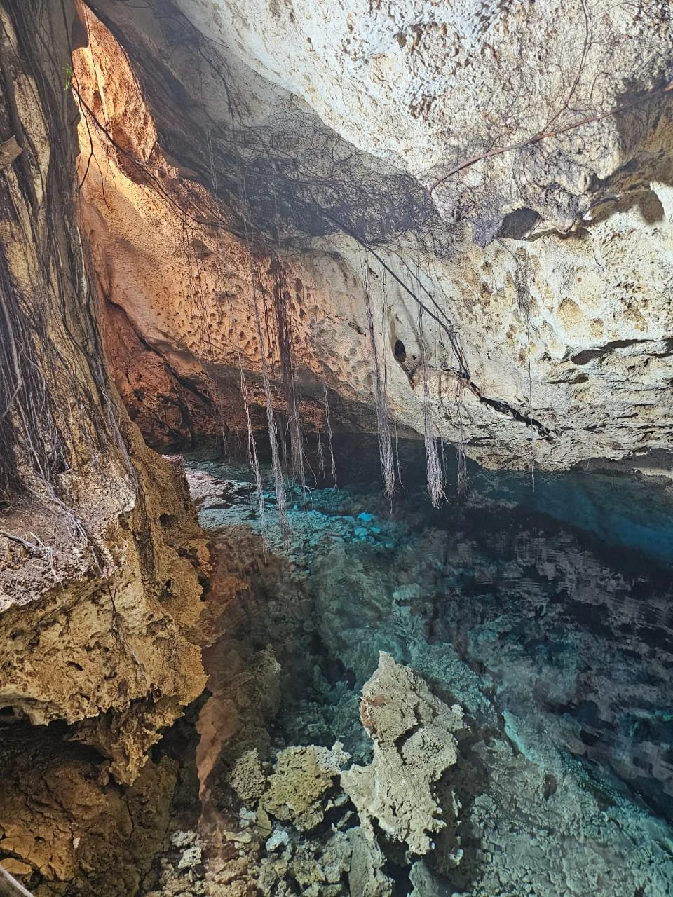 Visitors swimming in the crystal-clear freshwater of Paje Cave, one of the top natural attractions in Zanzibar.