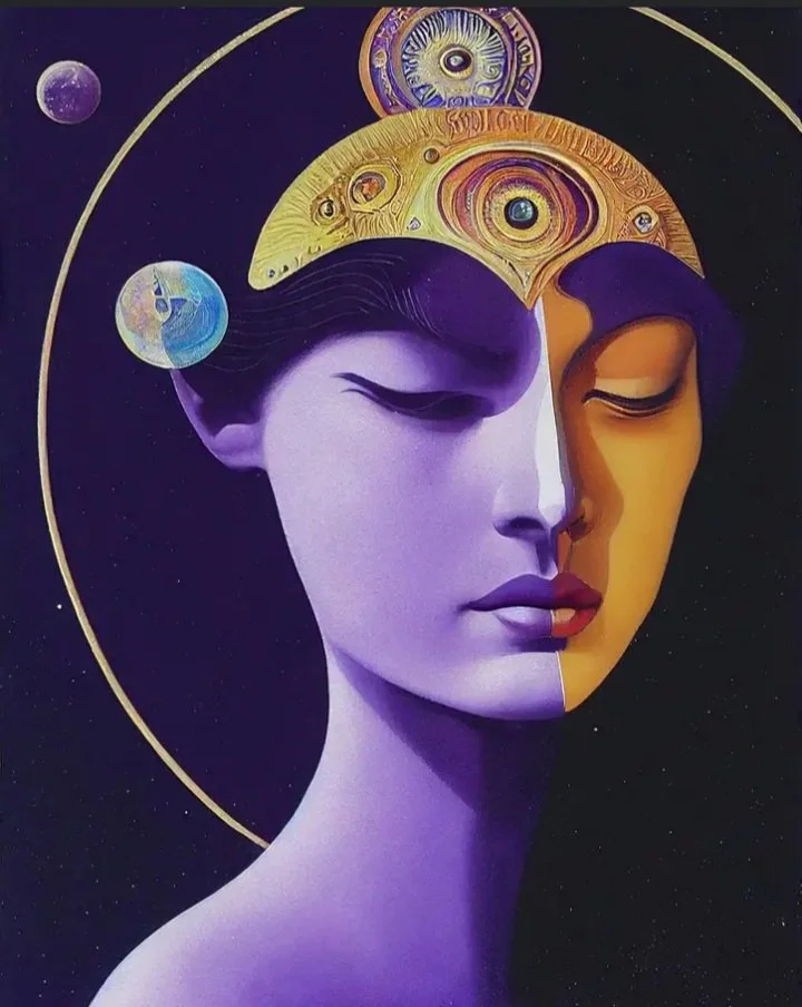 An artistic illustration of a woman's face with a cosmic and surreal theme, featuring planets and celestial patterns in her hair, set against a starry background.