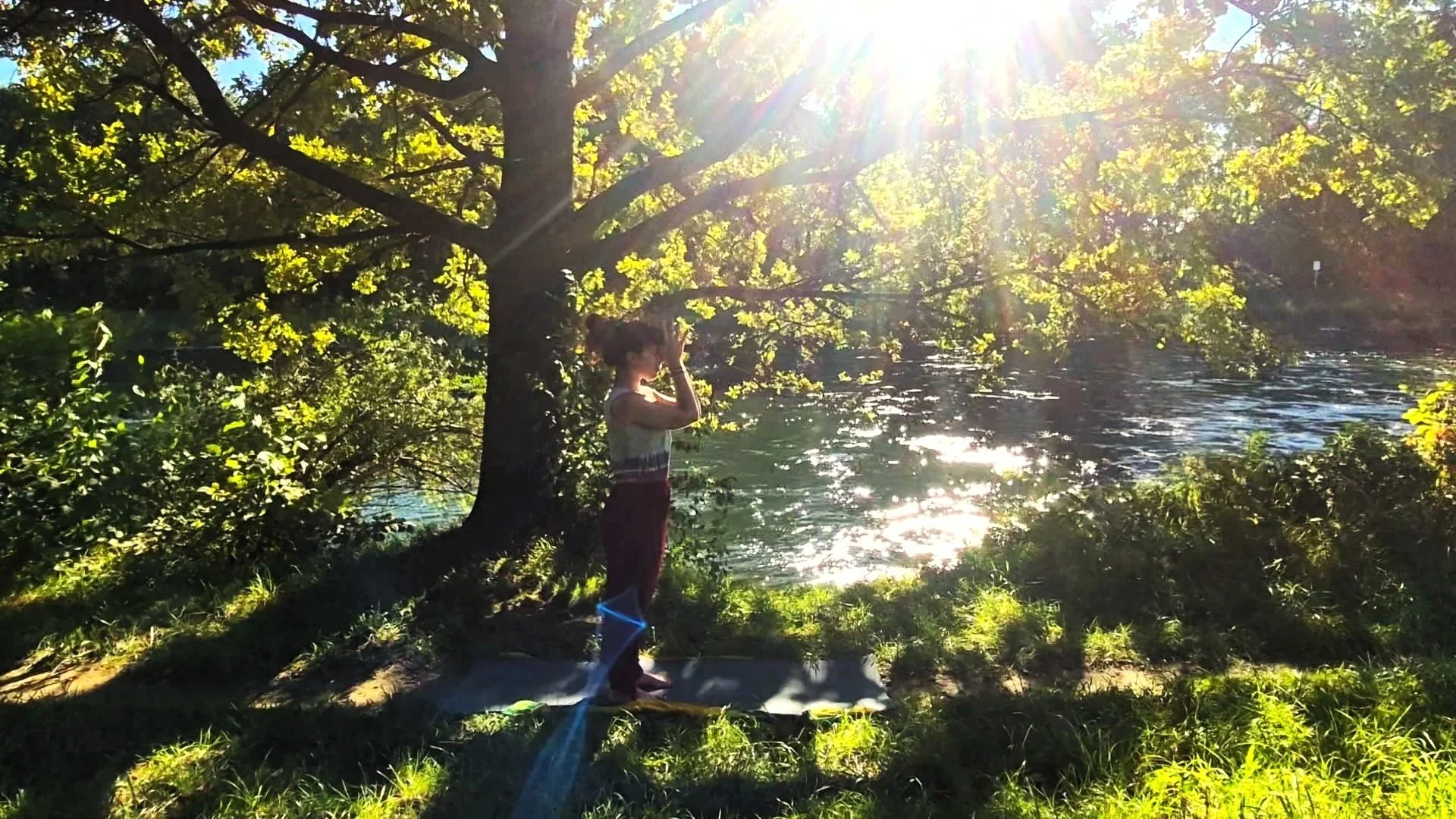 A woman practicing yoga outdoors near a body of water, standing on a yoga mat under a tree with sunlight streaming through the leaves.