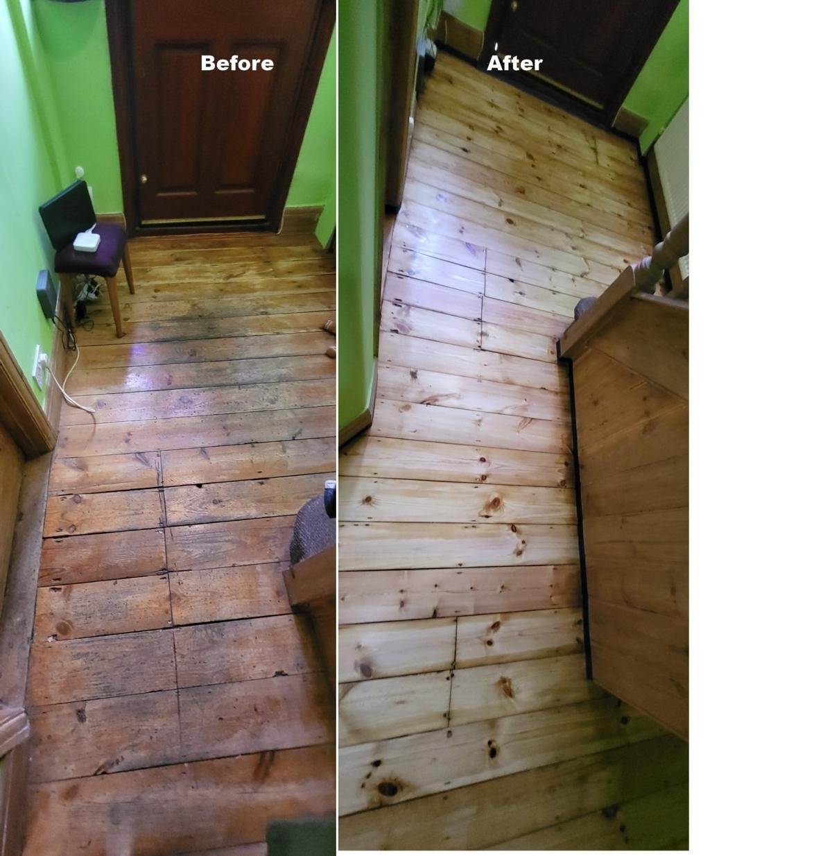 Before and after pine floor sanding restoration in Winchester