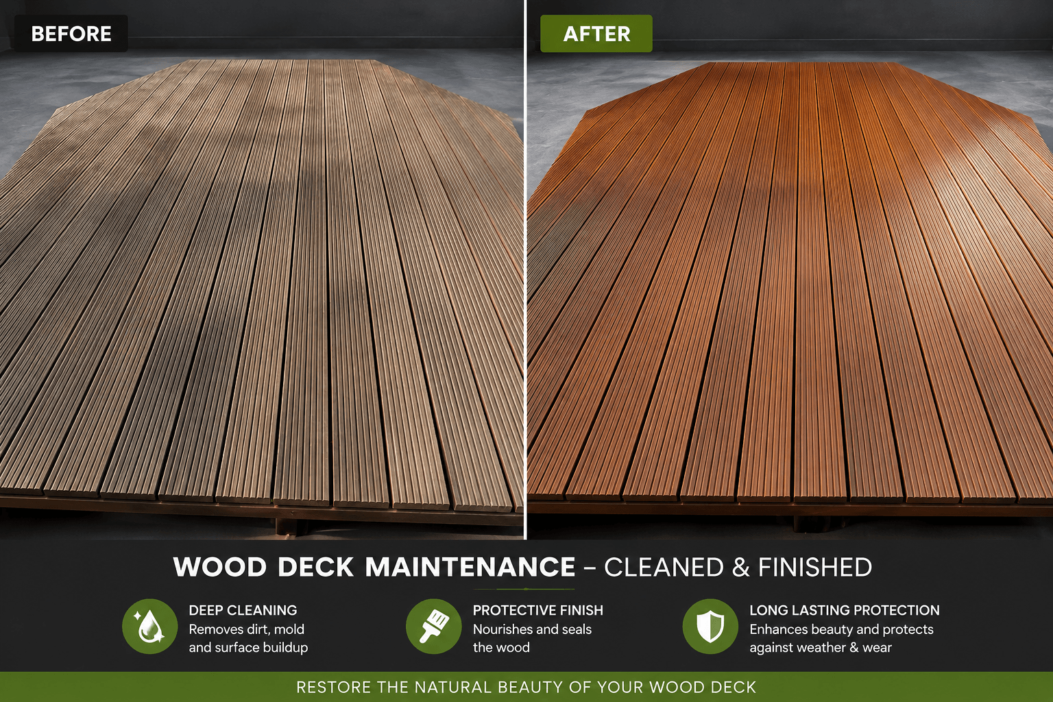 Professional wood deck maintenance before and after deep cleaning and protective finishing in Hampshire UK