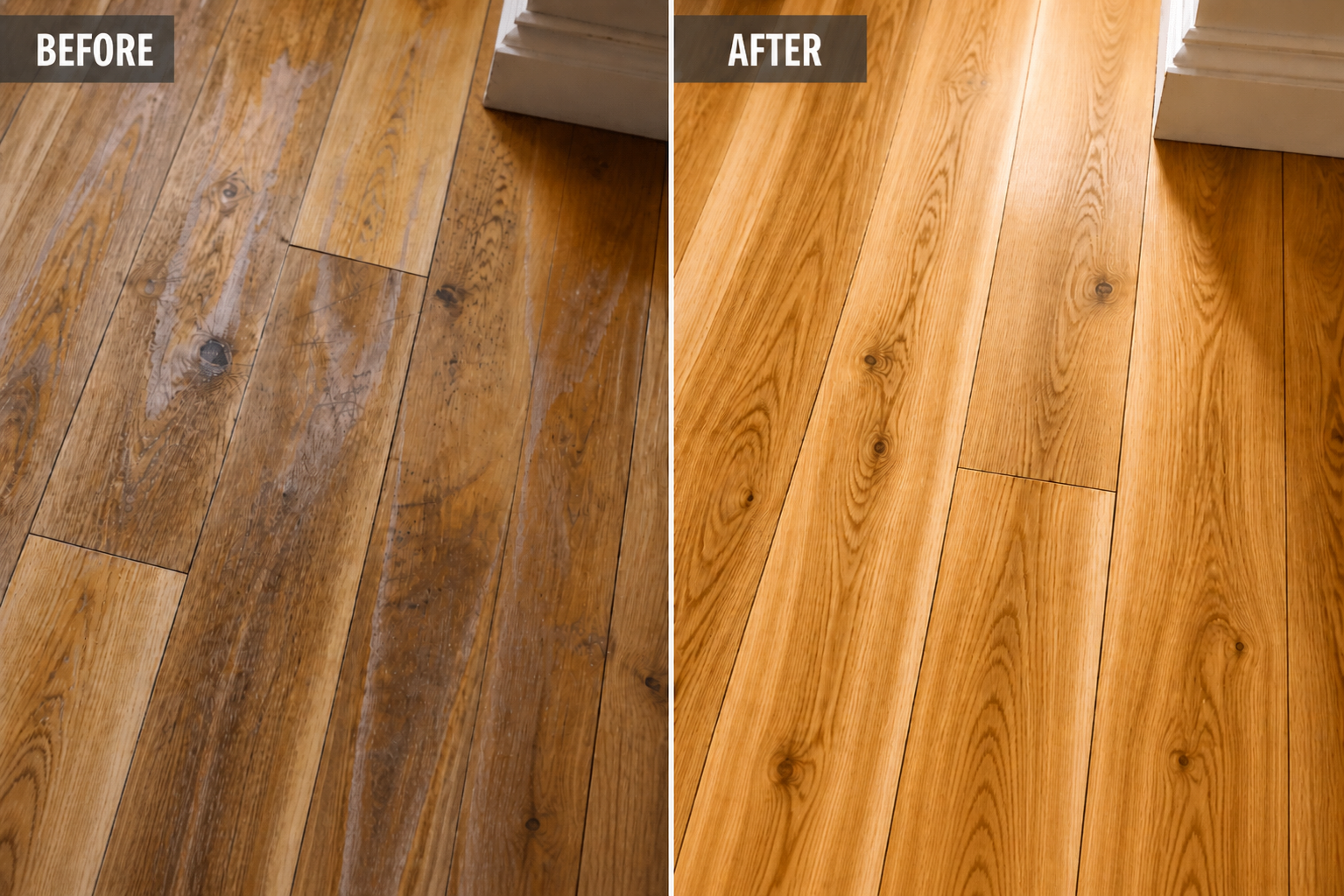 Before and after oak floor sanding and restoration in Hampshire by AIKI FLOORS. Original wooden floorboards professionally sanded and finished with a natural lacquer finish.
