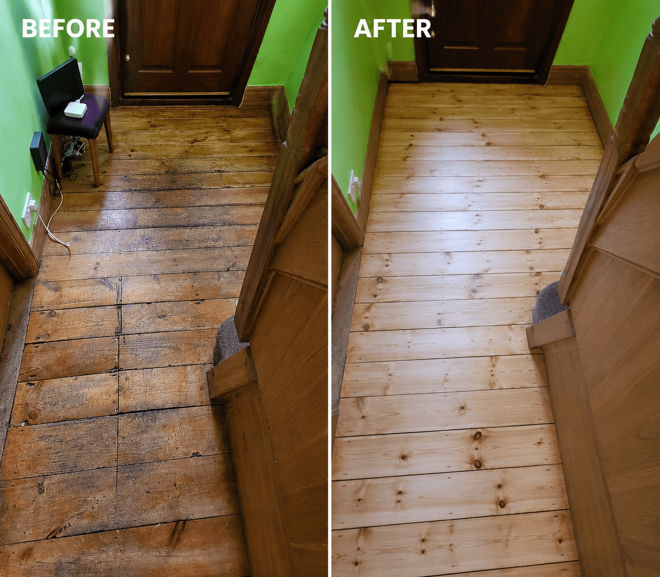 Before and after pine floor sanding and floorboard restoration in Hampshire by AIKI FLOORS.
