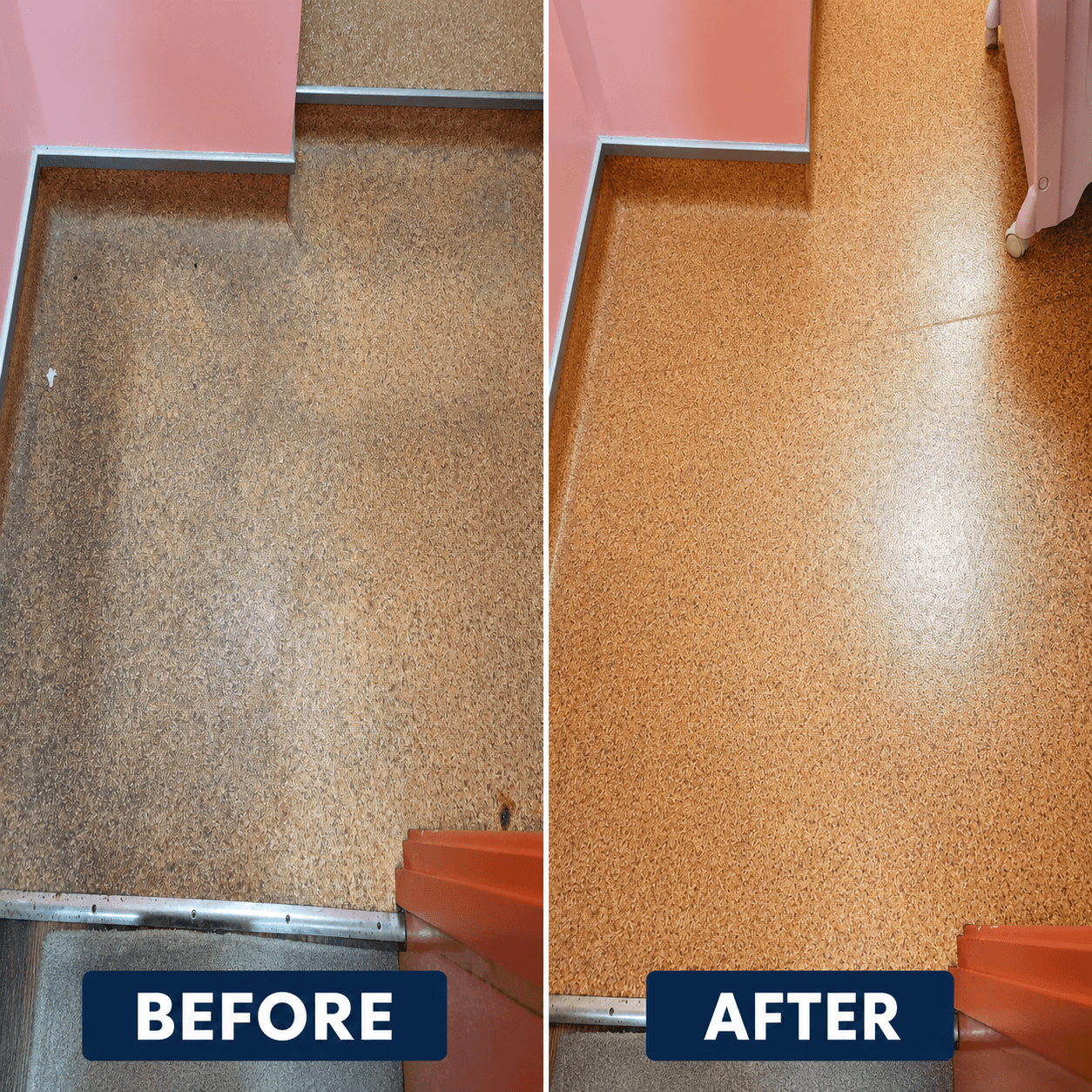 Before and after professional deep cleaning of a heavily soiled vinyl floor in Hampshire.