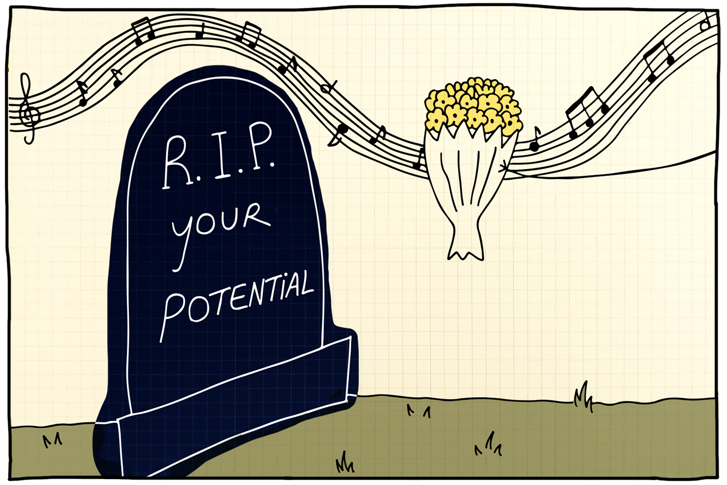 A cartoon illustration of a gravestone with the message "R.I.P. your potential." Next to the gravestone is a bunch of popcorn. Musical notes are floating around, and the background is a light grid pattern.