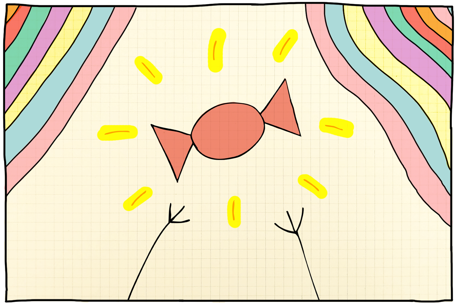 A colorful, abstract drawing featuring a rainbow background with curved stripes in red, yellow, purple, blue, green, orange, and pink. In the center, there is a red candy with two triangular wings, surrounded by yellow lines resembling rays or sparkles, and two black tree-like branches at the bottom.