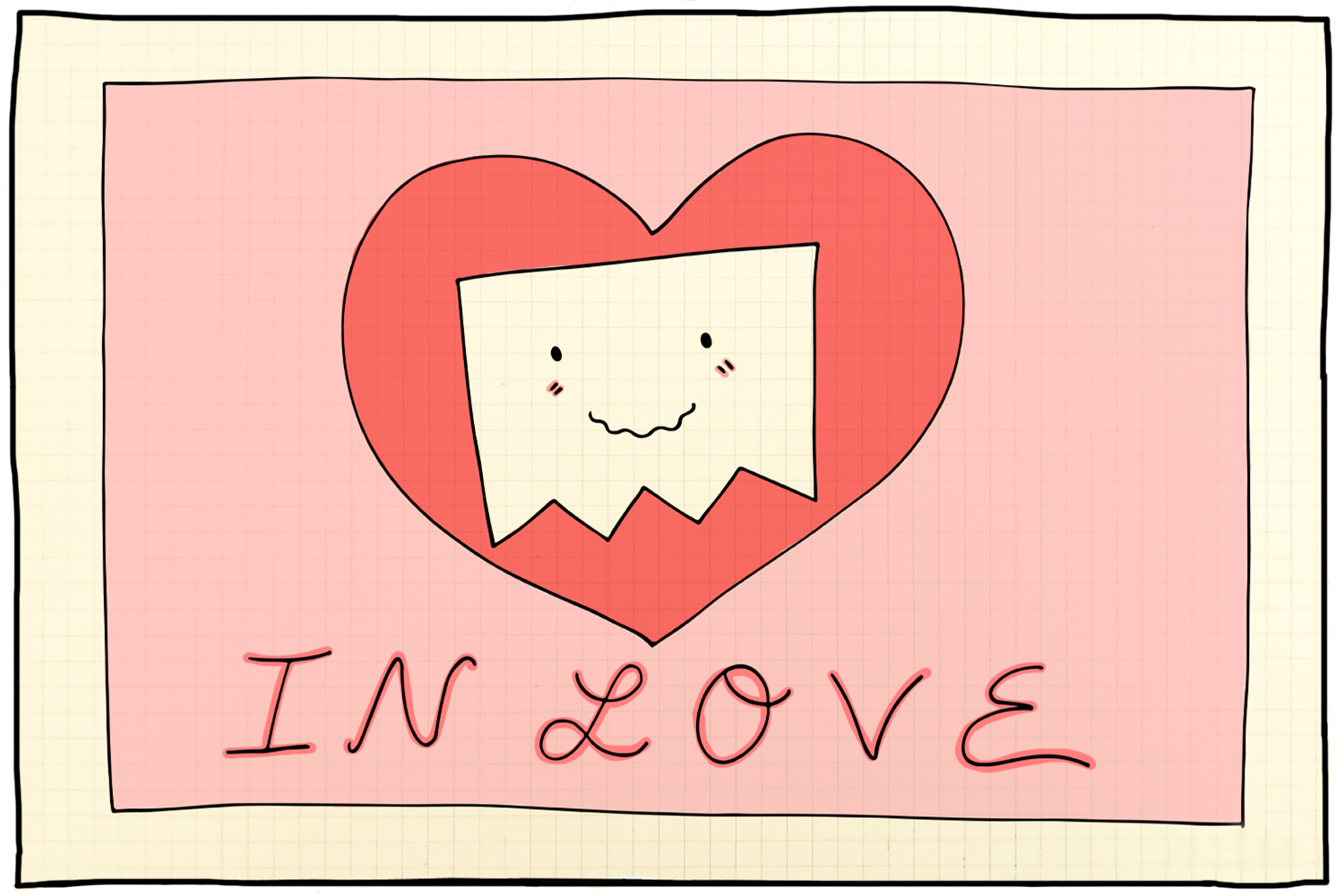 A pink greeting card with a red heart in the center. Inside the heart, there's a cute, smiling piece of paper with a face. Below the heart, the words "IN LOVE" are written in red cursive.