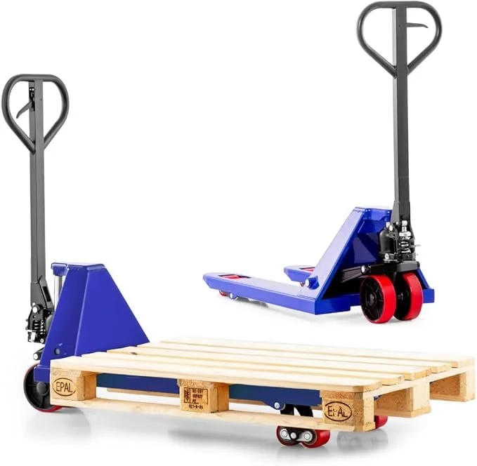 Transportwagen und Plattformwagen zum Heben und Bewegen von Paletten, beide mit schwarzen Griffen und roten Rollen.