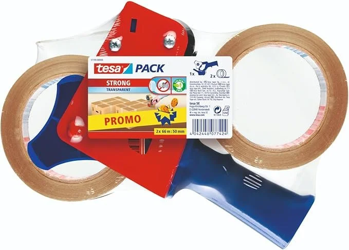 Zwei Rollen Klebeband und eine Spenderbox mit Klebeband, hauptsächlich in rot, blau und transparent, mit einem Werbeetikett.