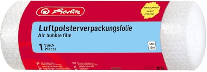 Rote Verpackung mit blauer Beschriftung für Luftpolsterverpackungsfolie, 1 Stück, 5 m x 40 cm.
