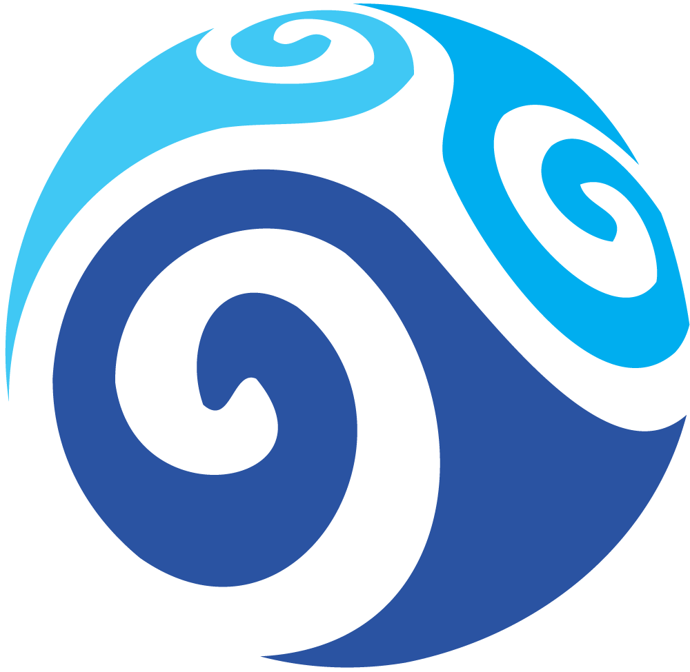 A stylized blue and black circular design with swirling patterns.
