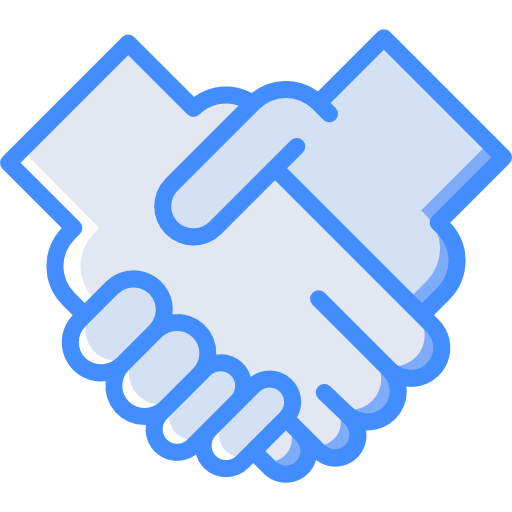 Illustration of a handshake between two hands in light blue color with a dark blue outline.