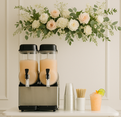 Two dispensers of peach-colored drinks with black lids and taps, stacked stainless steel container, plastic cups, a cup with stirring sticks, and a frappe-like beverage with a lime wedge and straw, on a white counter with white and pink flowers overhead.
