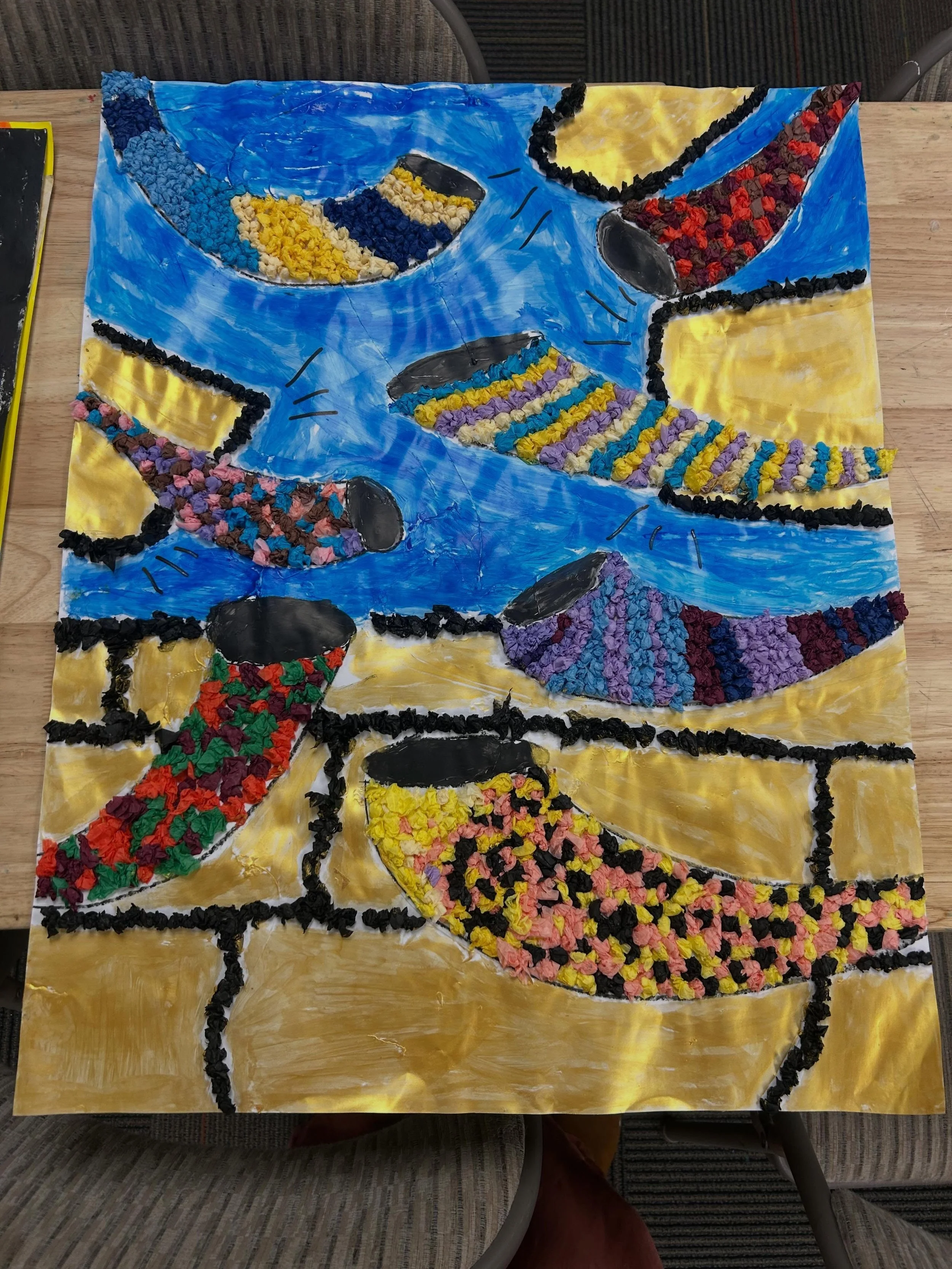 fourth grade final project: artistic renderings of their learning in judaic studies this year. three scenes from the book of joshua &amp; five scenes from the second half of the book of beresheet. each poster was created w mixed media and a vision fr