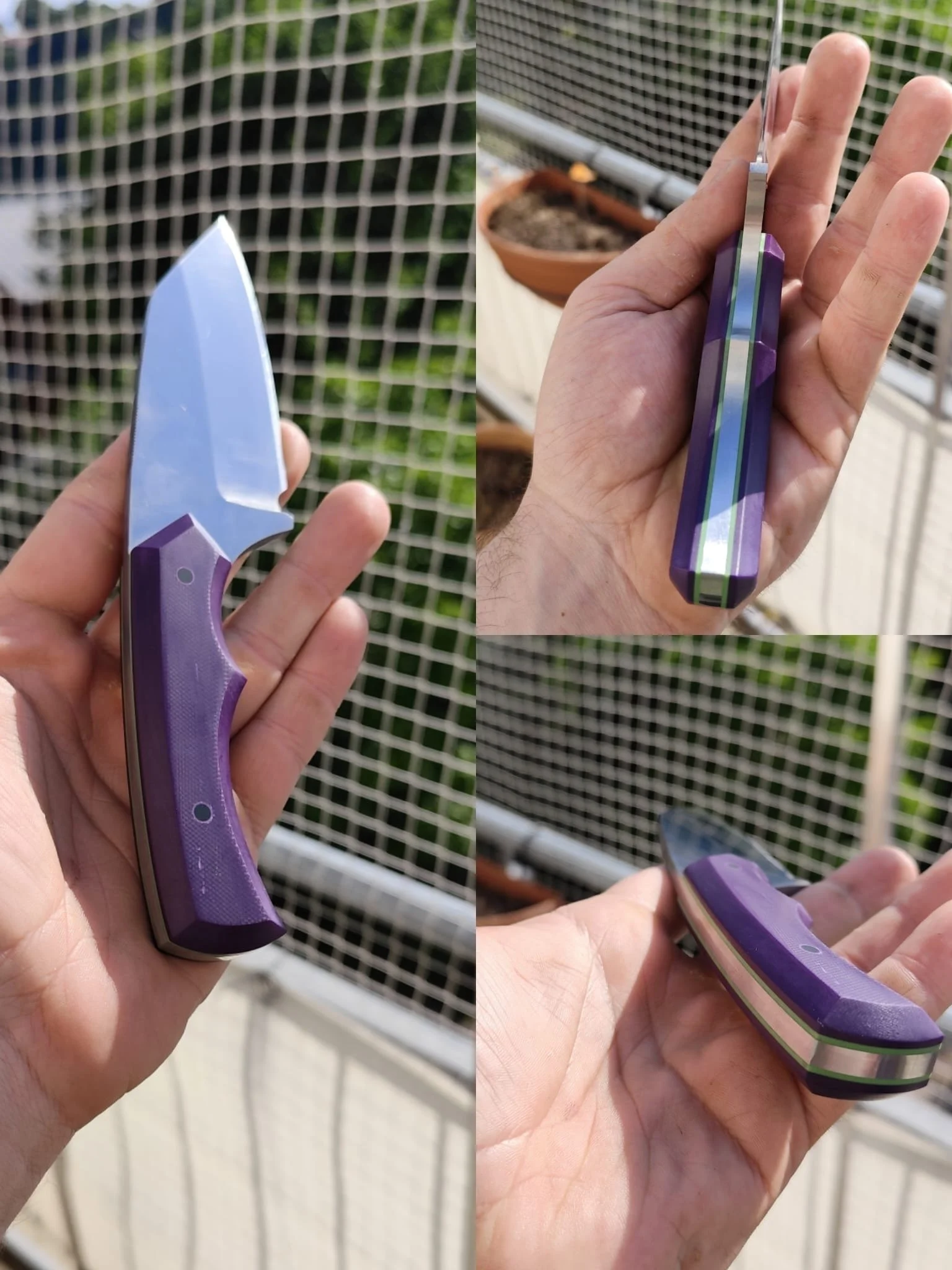 Nahaufnahme eines lilafarbenen Messer- oder Werkzeuggriffs, gezeigt aus verschiedenen Blickwinkeln.