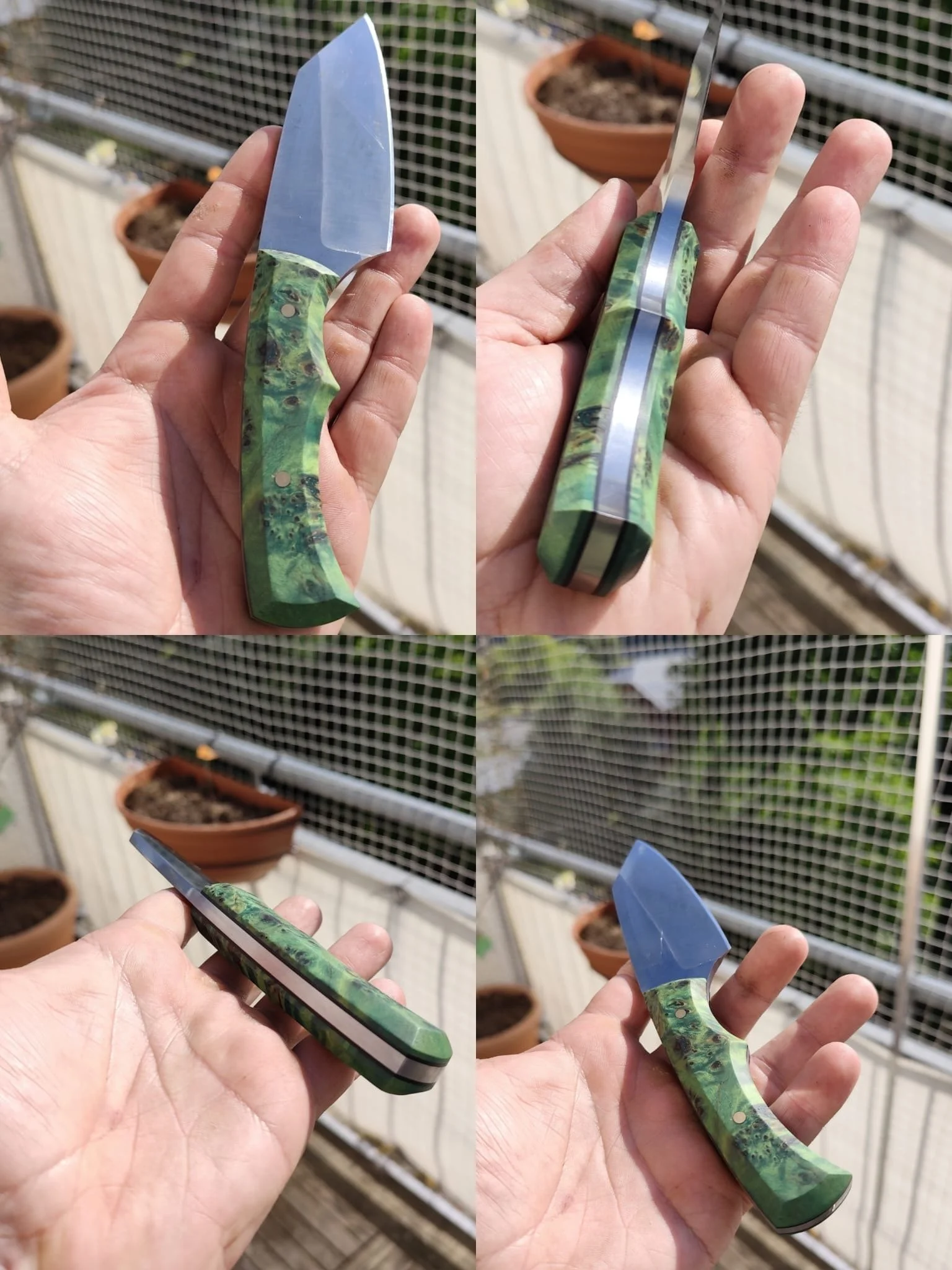 Klingenmaterial: Korbflecht-Mosaikdamast
Klingenlänge/-höhe: 18 cm / 4,5 cm
Griffmaterial: Ahorn Maserholz, stabilisiert
Grifflänge: 14 cm