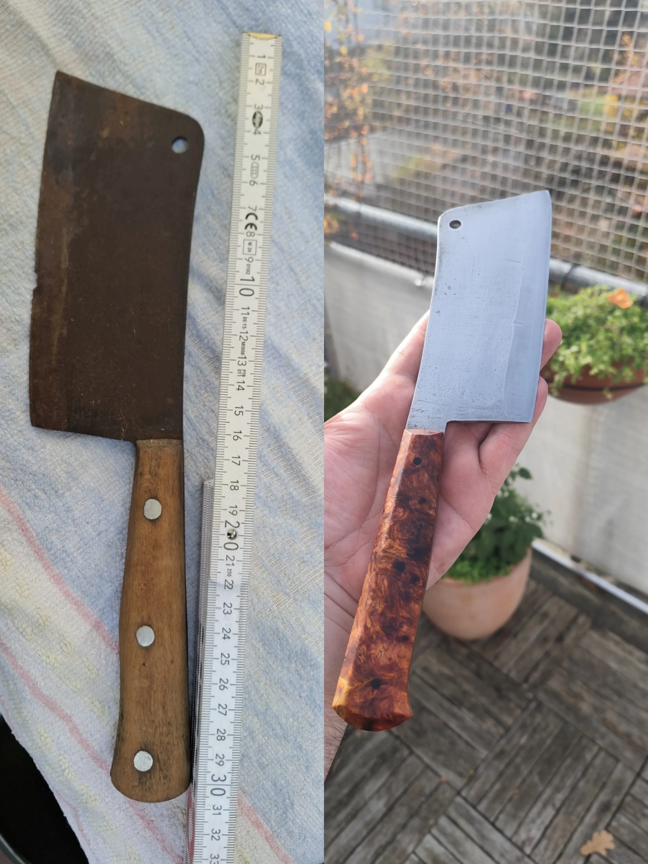 Vergleich zwischen einem alten, rustikalen Hackebeil mit Holzgriff und einem modernen Hackebeil mit glattem, gemustertem Holzgriff. Beide Hackbeile haben große Klingen und zieren unterschiedliche Designs.