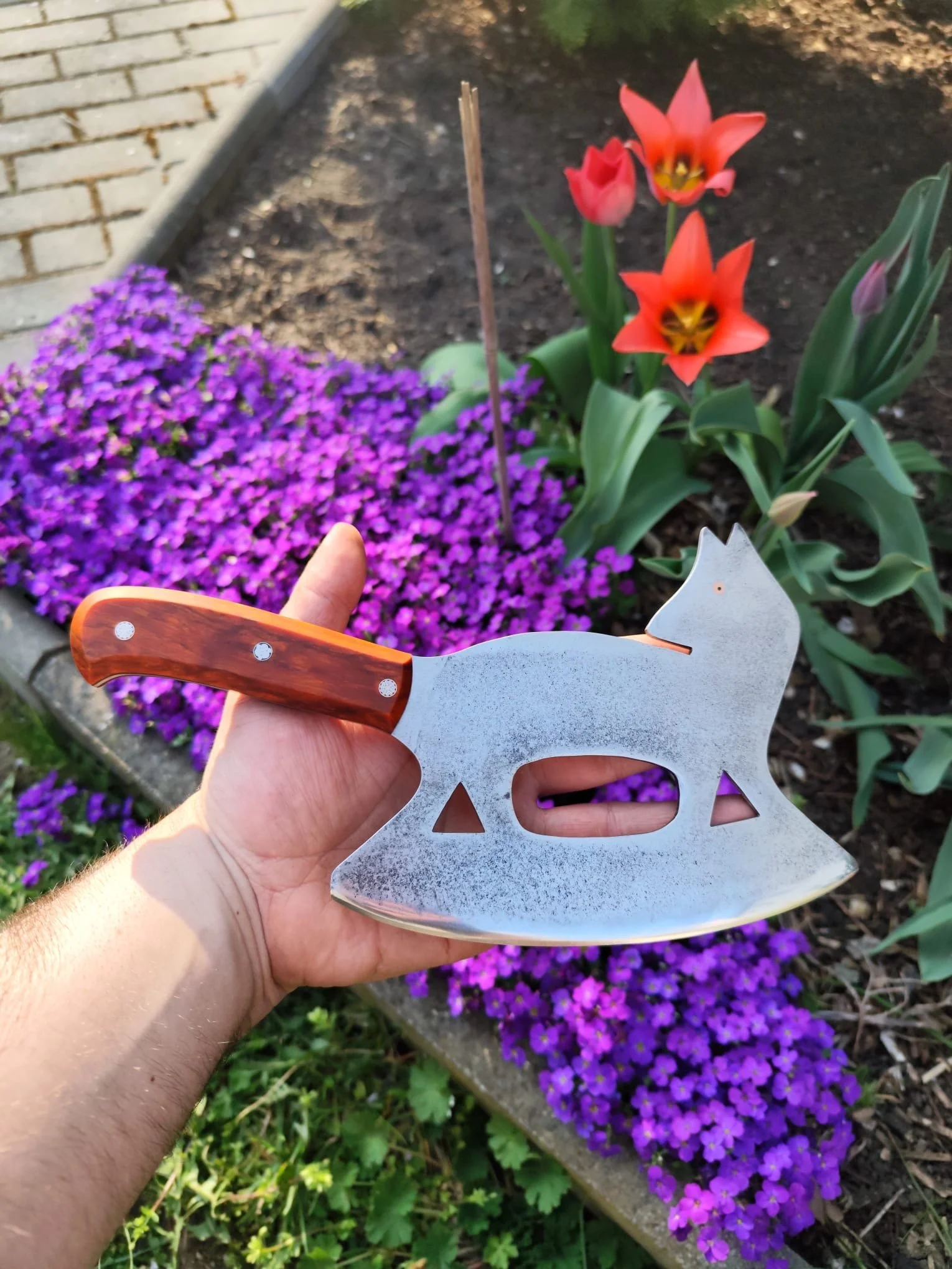 Hand hält eine spezielle Schneeschaufel vor einem Blumenbeet mit lila und roten Blumen.