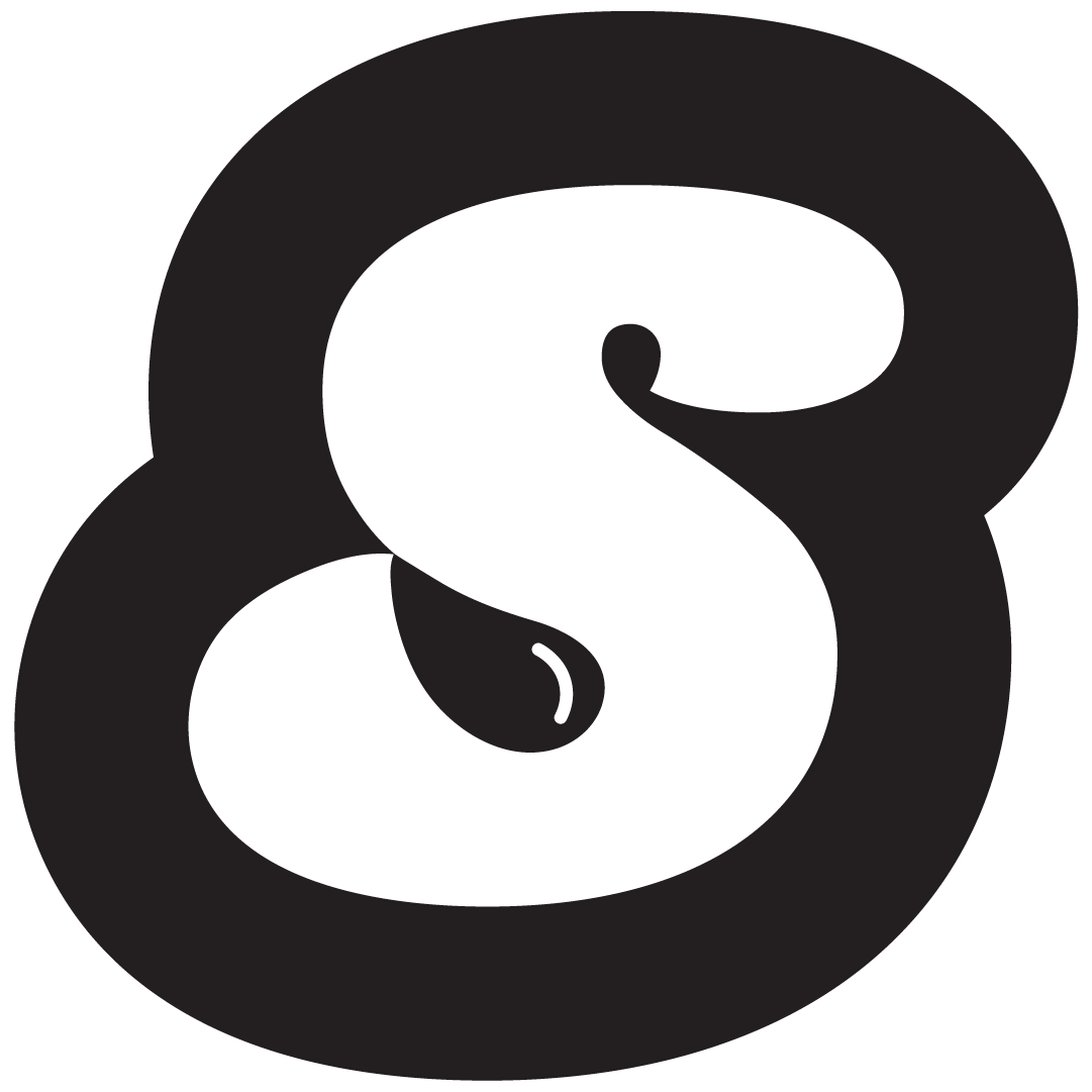 Splash S logo in Black and white. Droplet in the bottom of the S curve