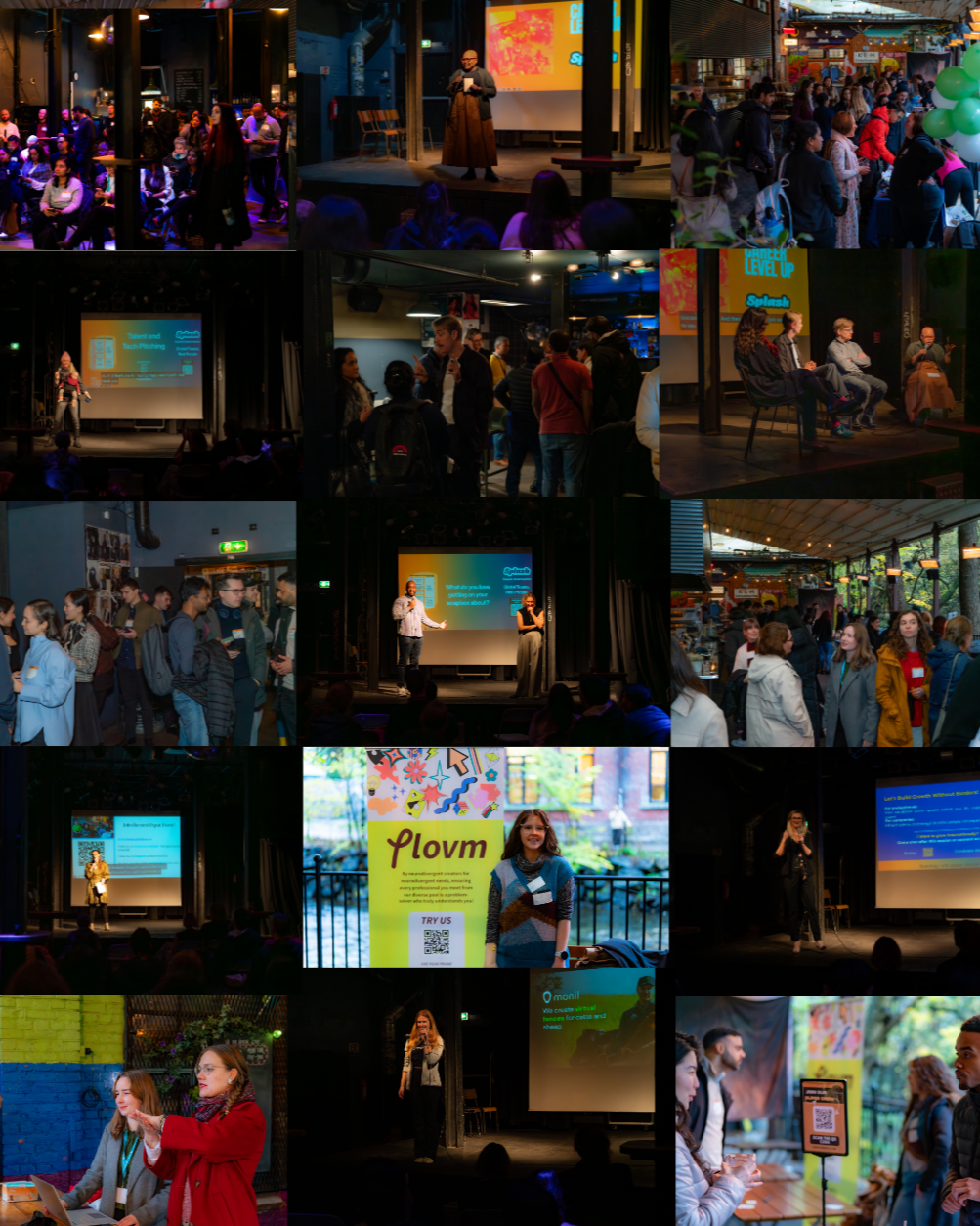 Collage of images from Splash Fall 2025 - attendees networking, presenting on stage and talking with partner booths