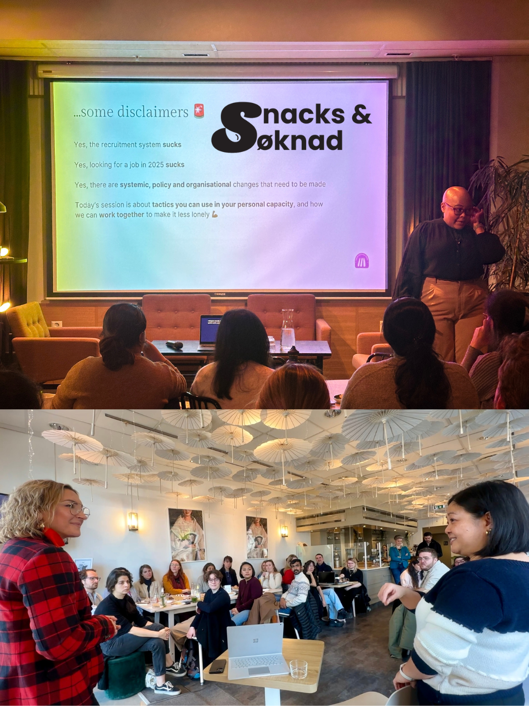 Top image is Tumi on stage presenting to the room. Bottom image is Meryn (Umbrella) and Abelene (Pan / Bread and Butter) at the first Snacks and Søknad