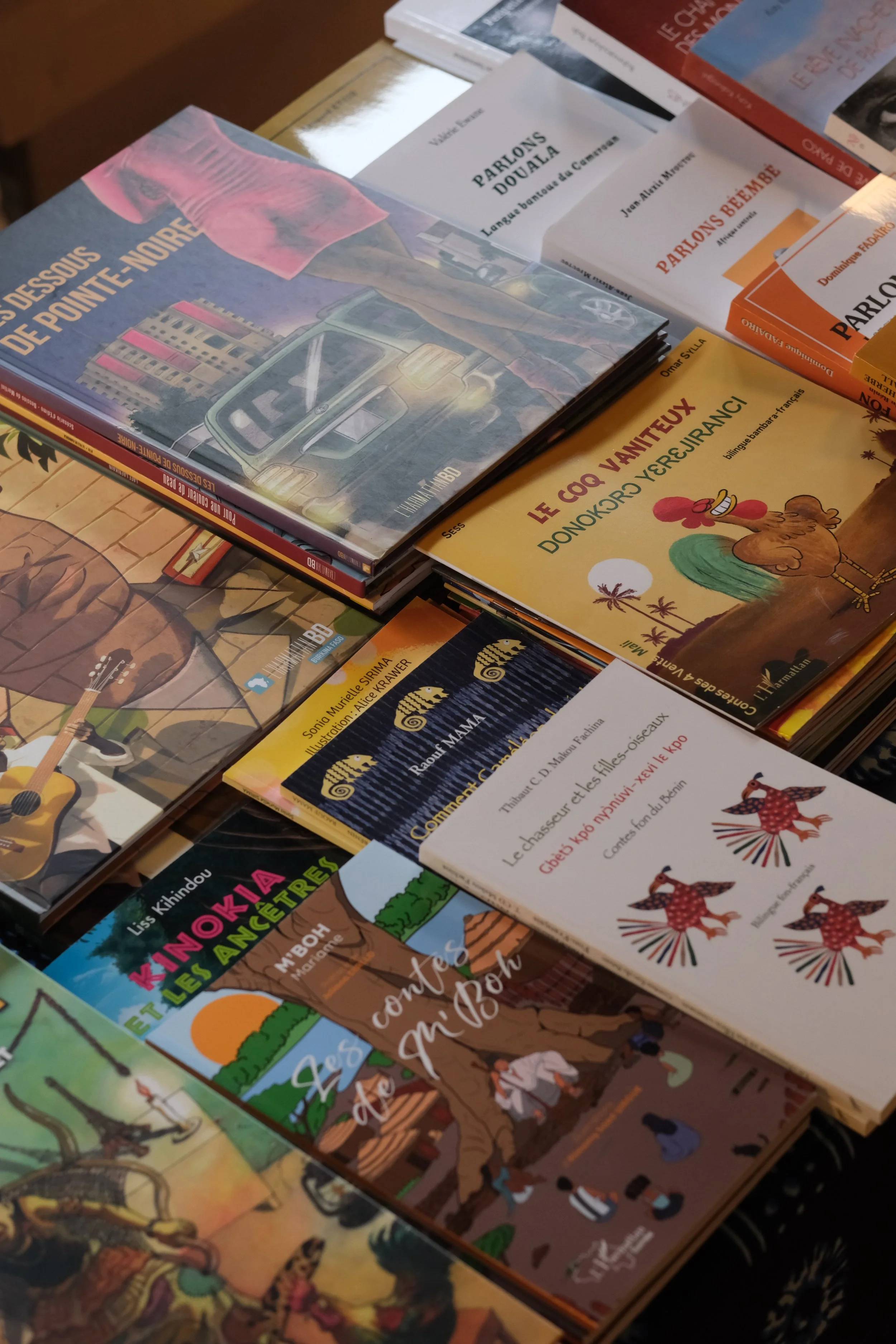 Une collection de livres et de bandes dessinées en français, avec plusieurs titres visibles tels que 'Parlons Douala', 'Le Congo Vainqueux', et d'autres ouvrages illustrés avec des dessins colorés, posés sur une table.