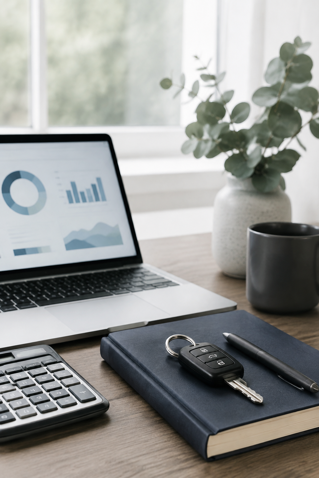 Credit planning workspace with car key, calculator, and financial charts