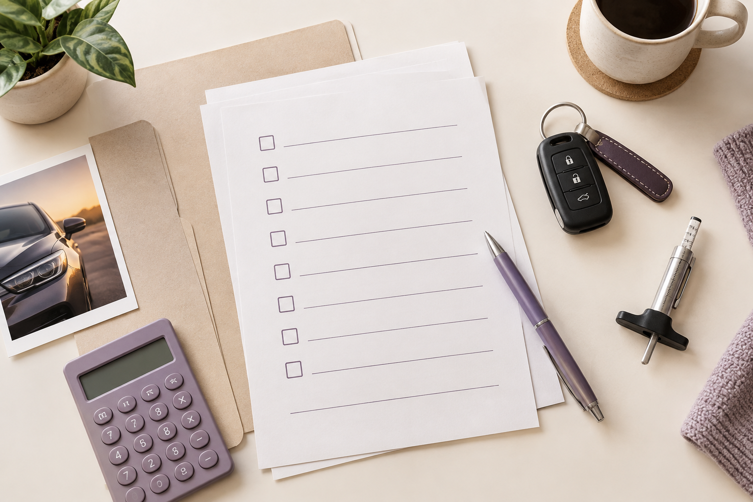 Car-buying checklist, calculator, key and tire tread gauge