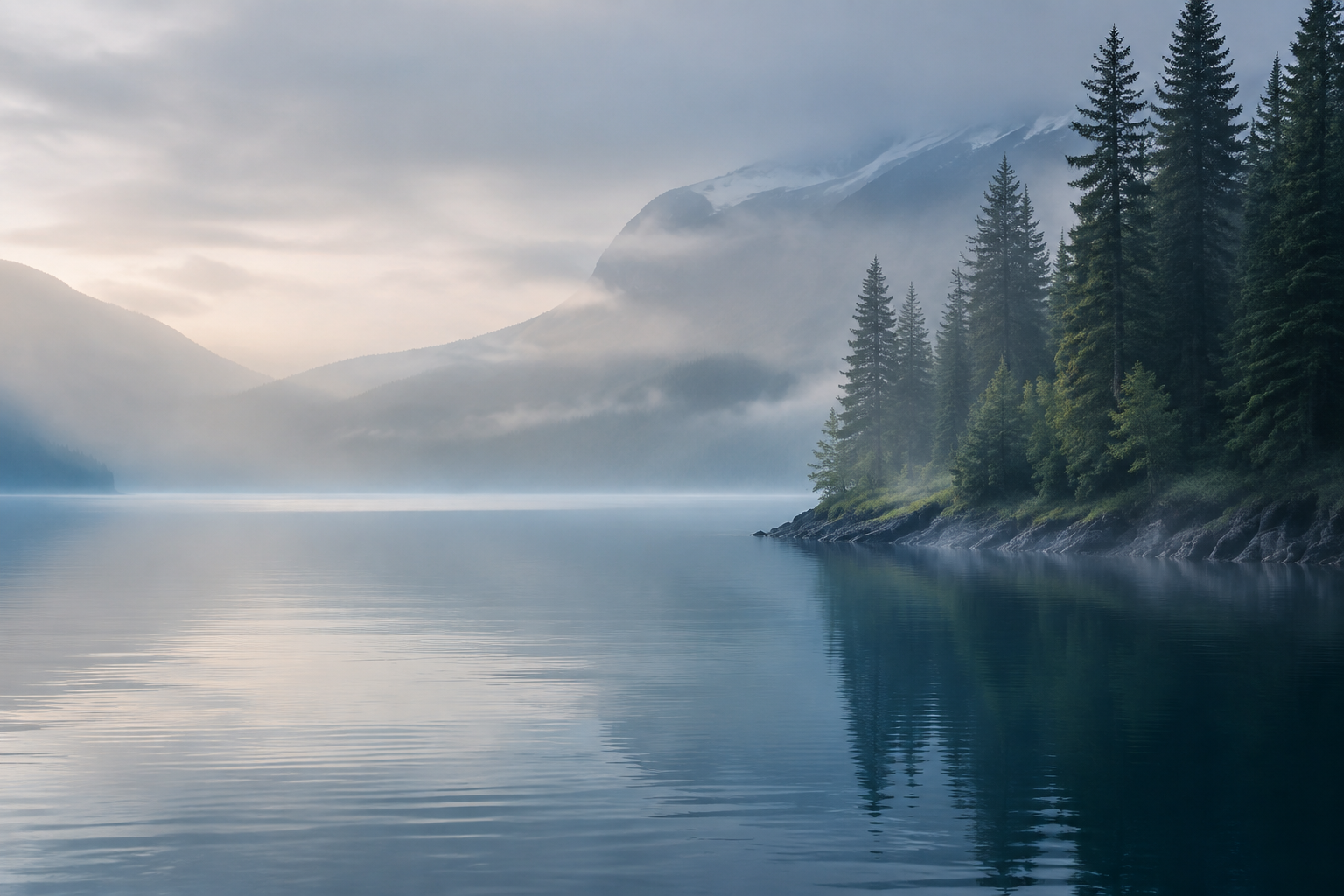 Misty blue-green lake and evergreen forest at dawn