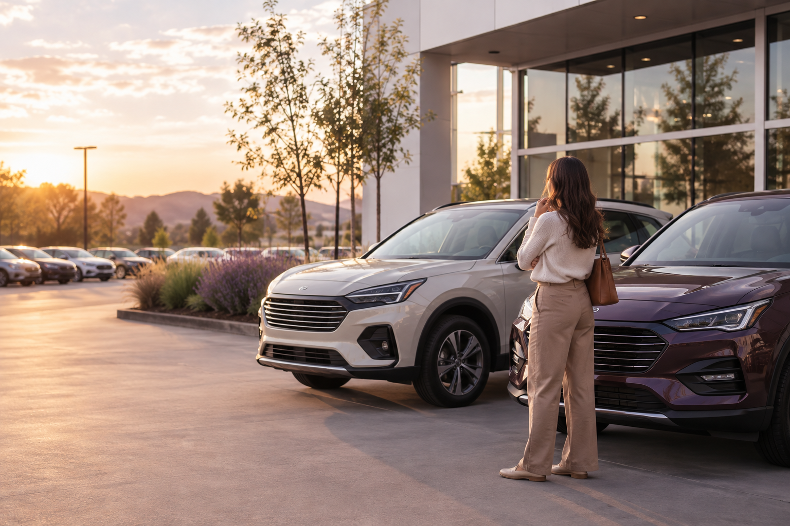 Car shopper comparing two vehicles at a dealership