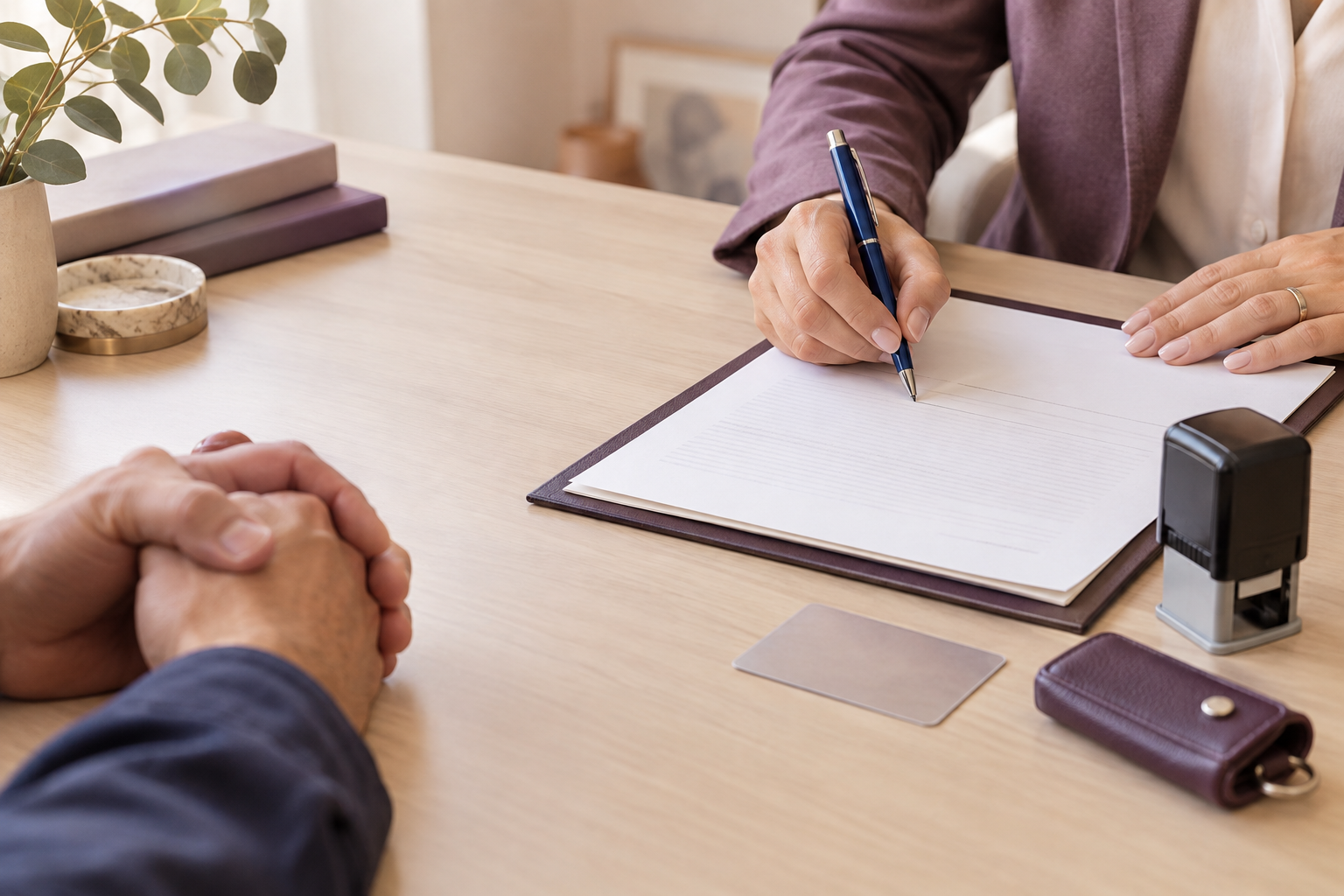 In-person notary appointment with document, pen and notary stamp
