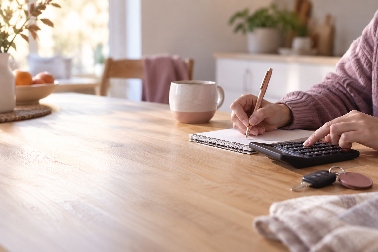 Hands creating a realistic car budget at a warm kitchen table