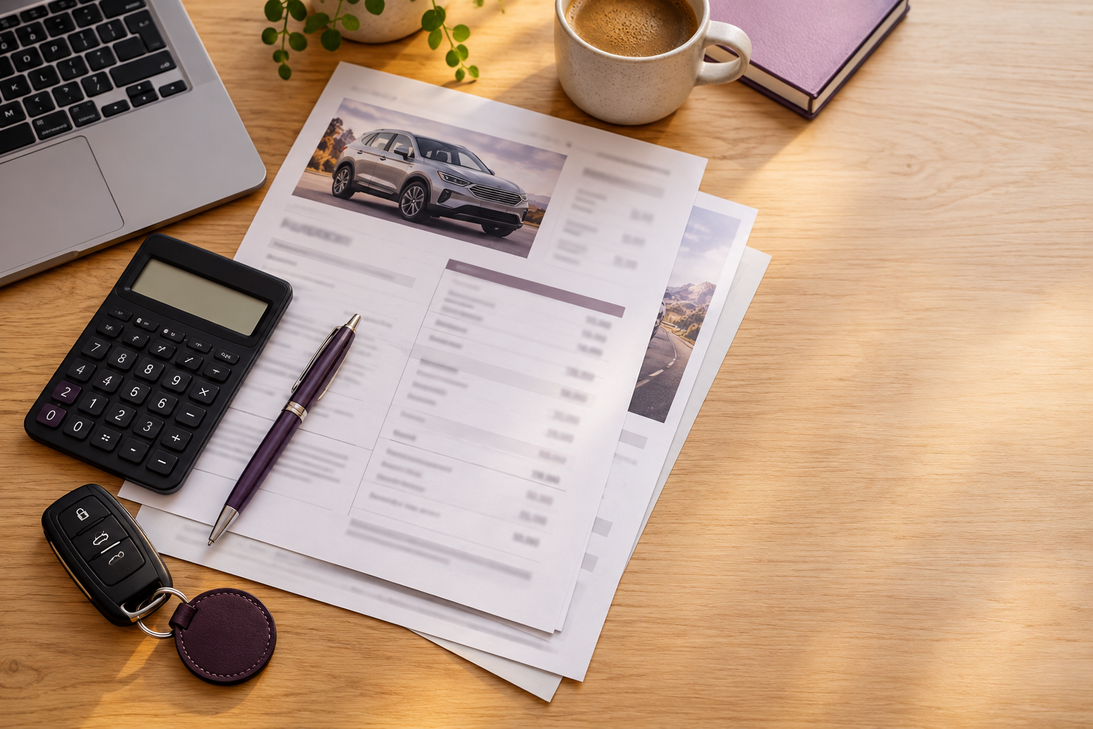 Car purchase worksheet, calculator, pen and key ready for a deal review