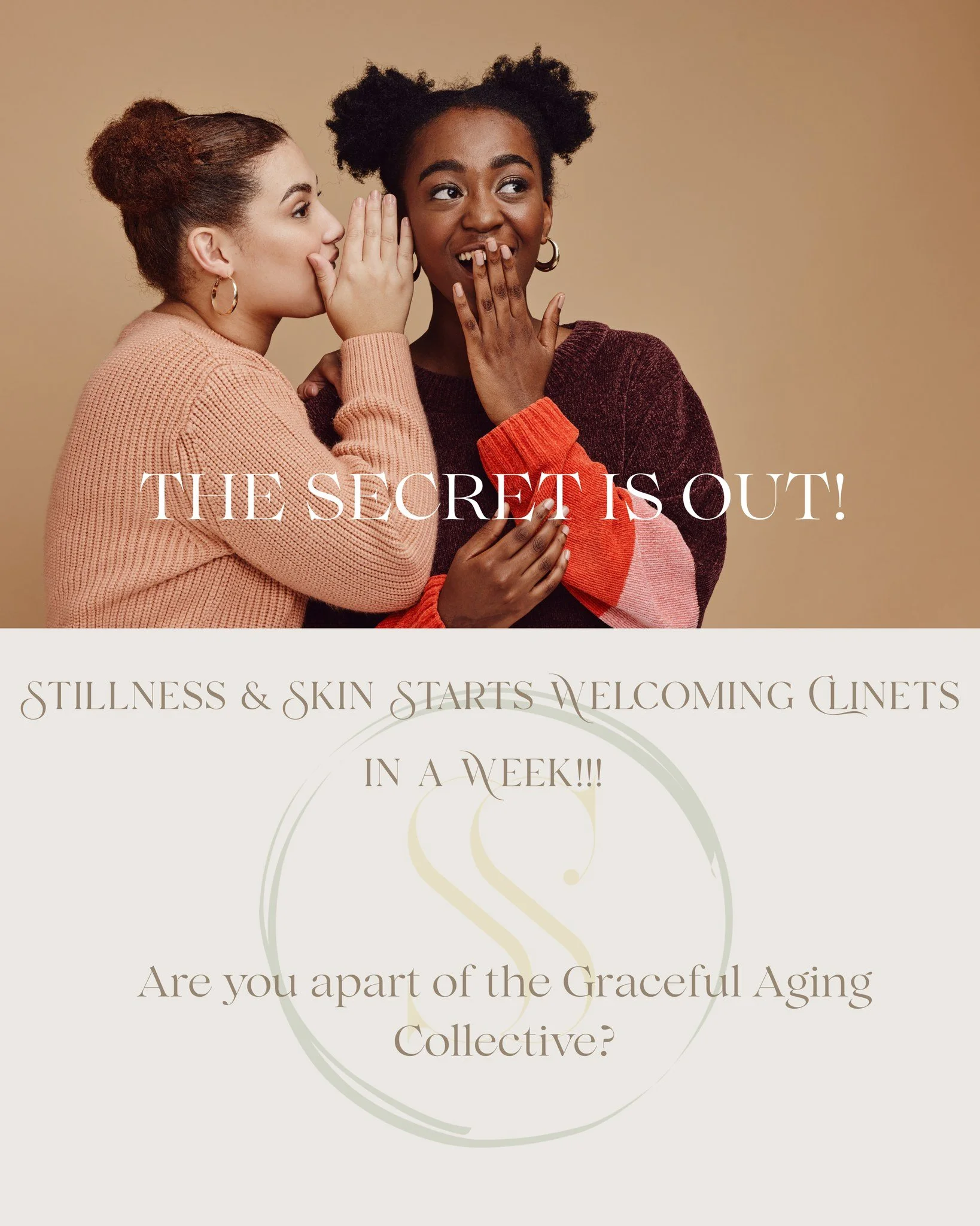✨ The secret is out&hellip; ✨

In just one week, Stillness &amp; Skin begins welcoming clients into the treatment room. 💆&zwj;♀️

This isn&rsquo;t just about facials &mdash; it&rsquo;s about belonging to something more. The Graceful Aging Collective