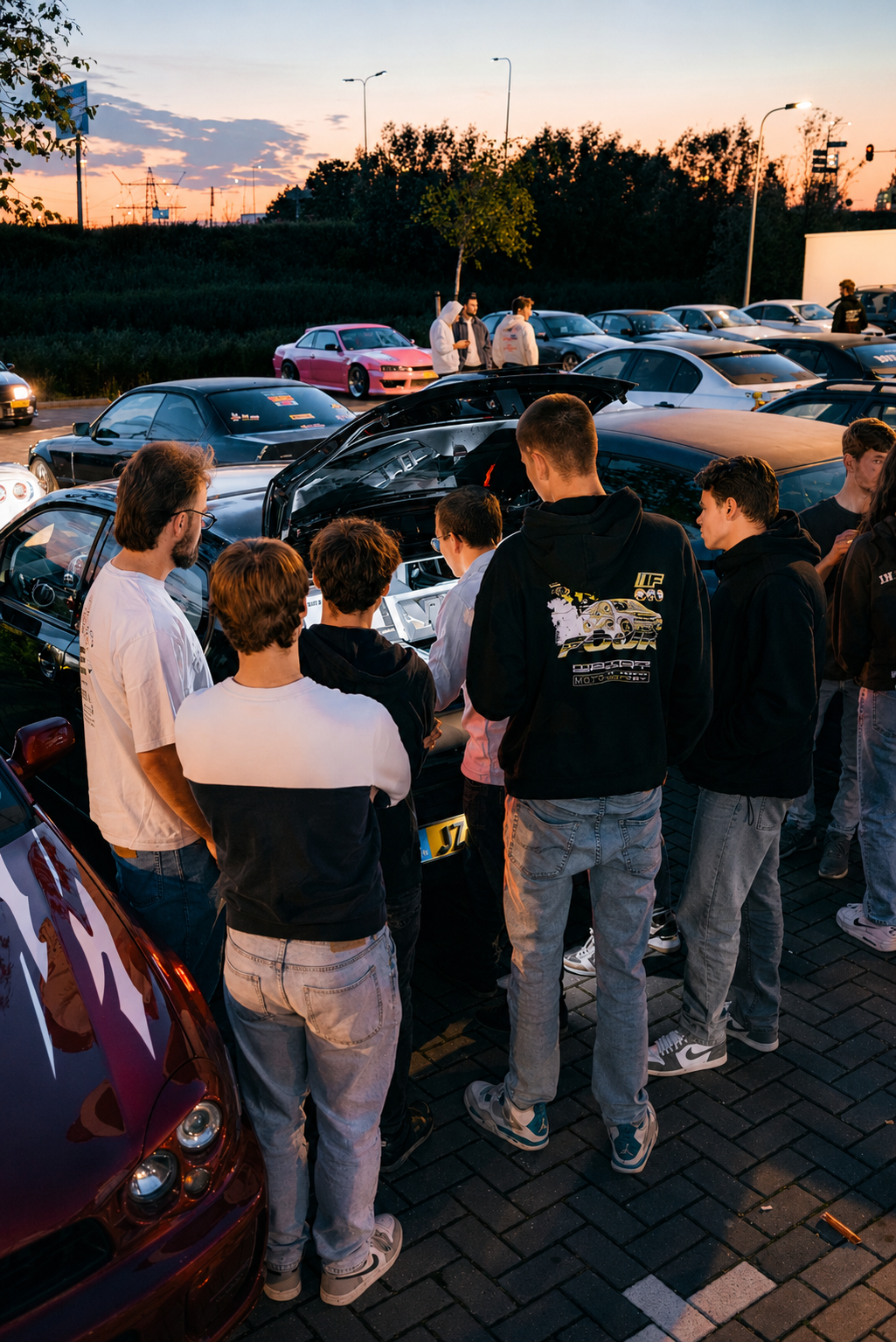 Een groep jongeren bekijkt een auto met open motorkap in een parkeerplaats tijdens de zonsondergang.