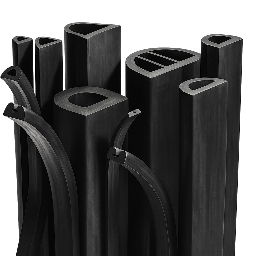 Set of industrial rubber corner guards or profiles — designed for edge protection, shock absorption, or sealing in various industrial applications.