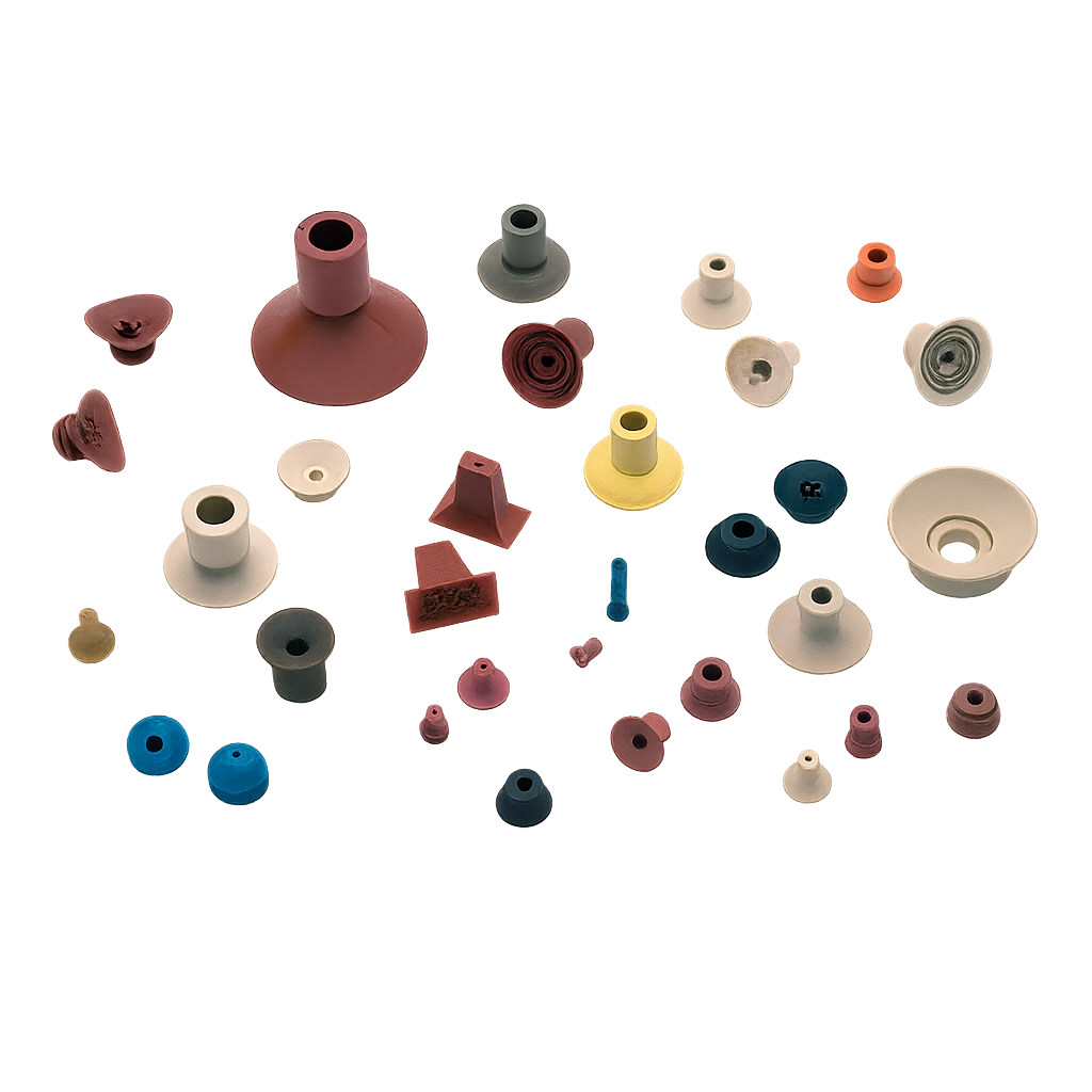 Industrial suction cups for automation and material handling — used for gripping, lifting, and transferring objects in robotic systems.