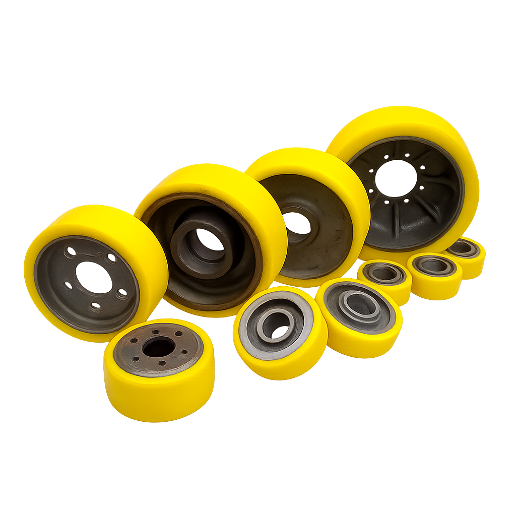 Selection of industrial-grade PU wheels and bearings — suitable for carts, trolleys, or light industrial transport systems.