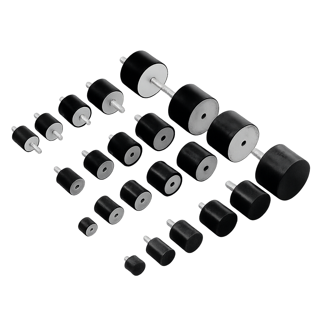 Assorted rubber vibration isolators and stoppers — used to reduce noise, shock, and vibration in machinery and equipment.