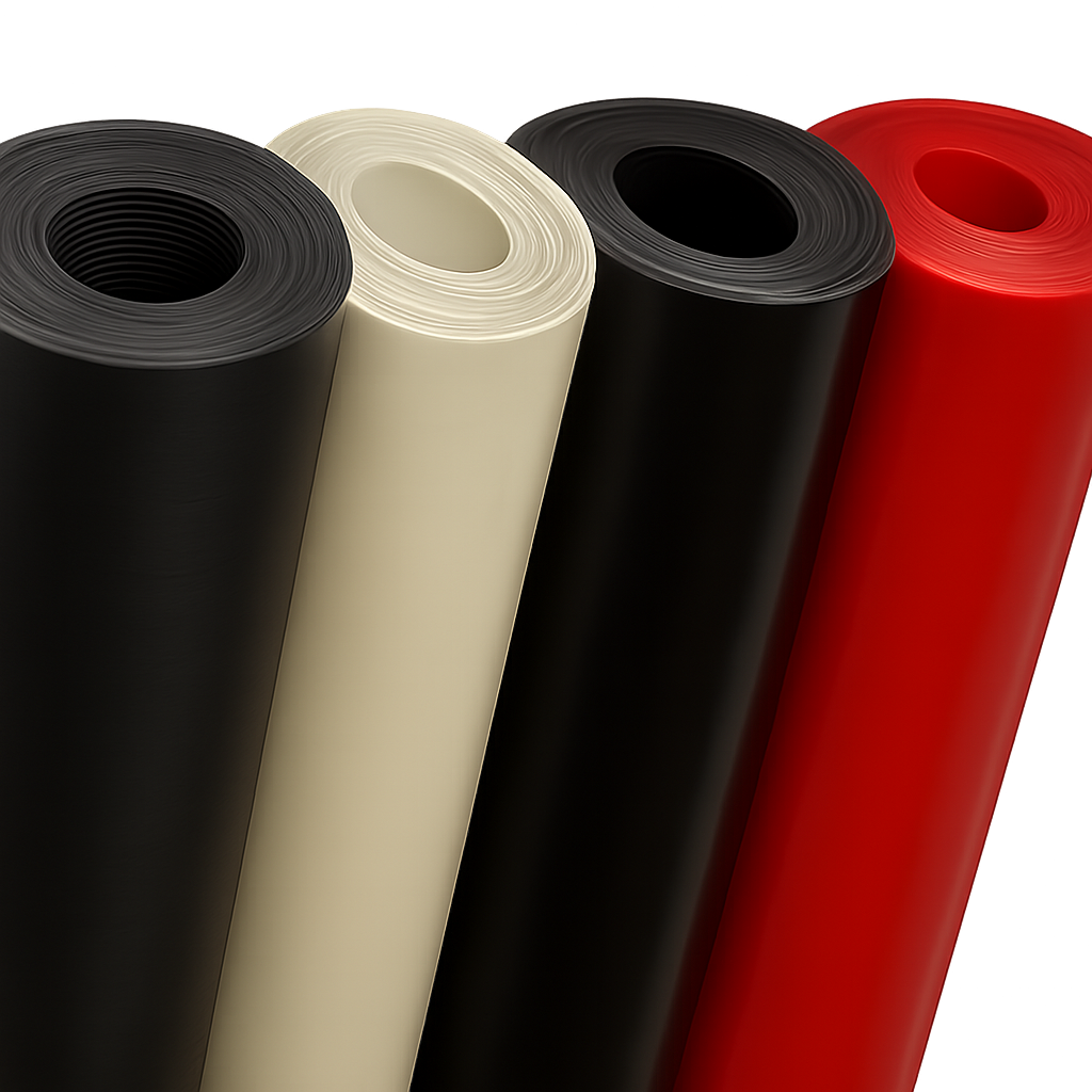 Heavy-duty rubber and PU sheet rolls in standard industrial colors — for insulation and sealing.