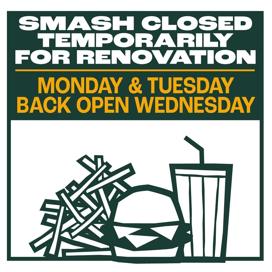 🚧 Renovation Update 🚧
SMASH will be closed Monday and Tuesday this week for some light renovation work. We&rsquo;ll reopen on Wednesday and look forward to serving you our smash burgers in downtown Crabapple.

Thank you for your understanding!

#Sm