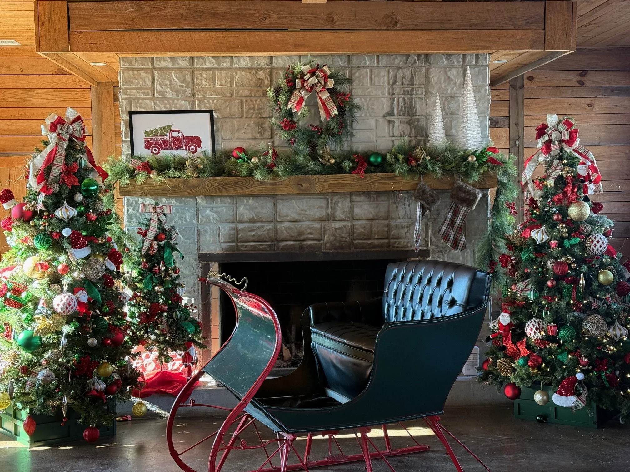 Santa's sleigh in front of fireplace with Christmas Trees on either side.