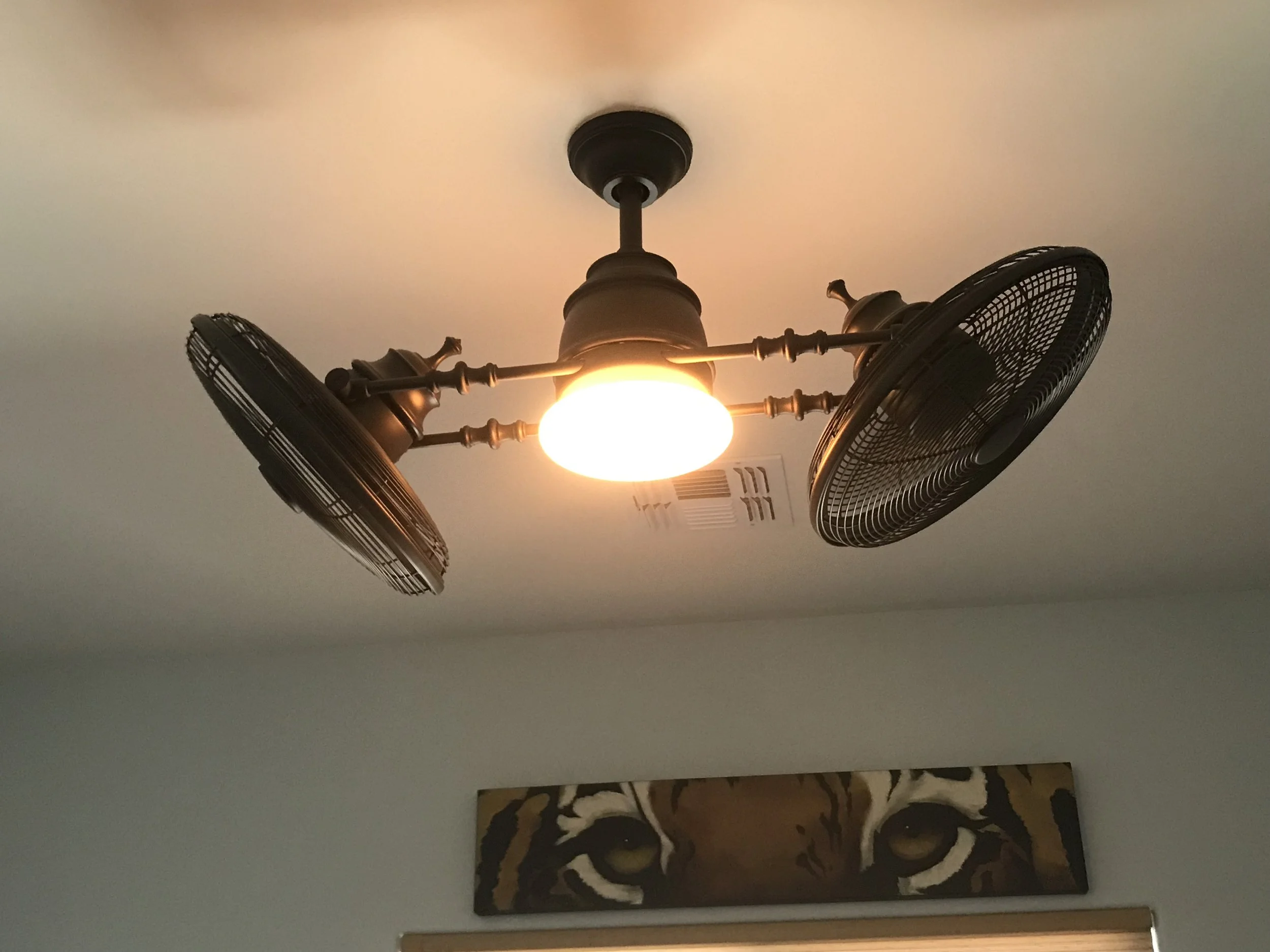 Ceiling fan with lights turned on, mounted in a room with a painting of a tiger's eyes on the wall.