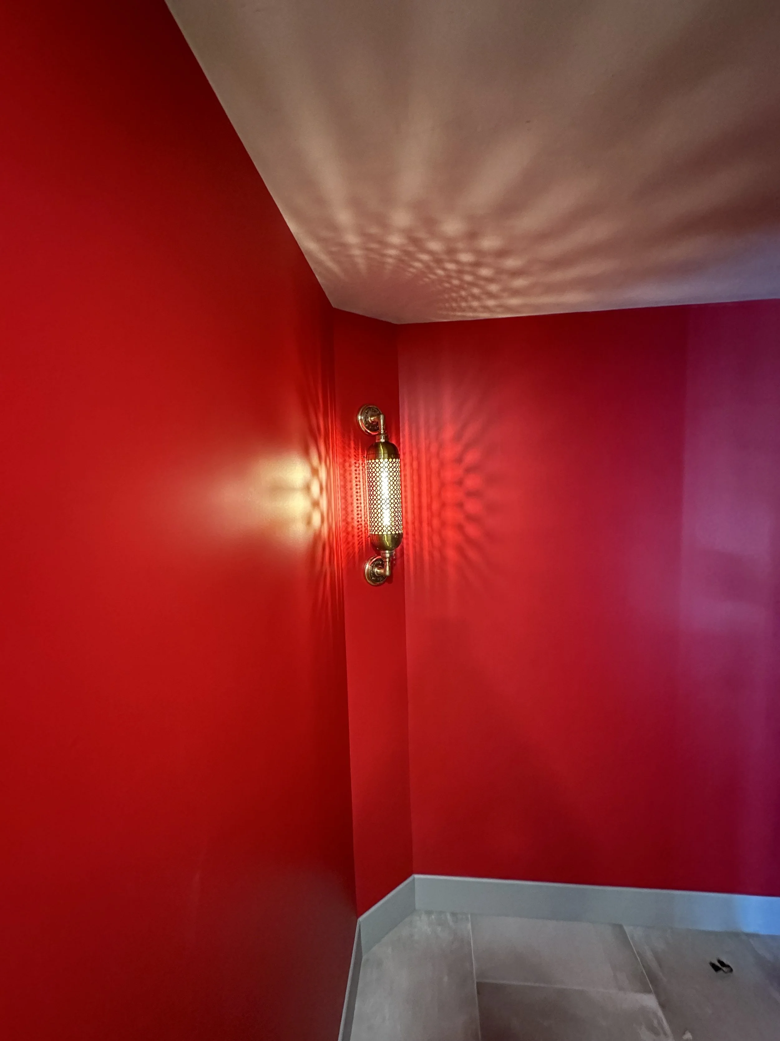 A wall-mounted light fixture with a wire mesh cover casting intricate shadows on red walls and ceiling in a corner of a room.